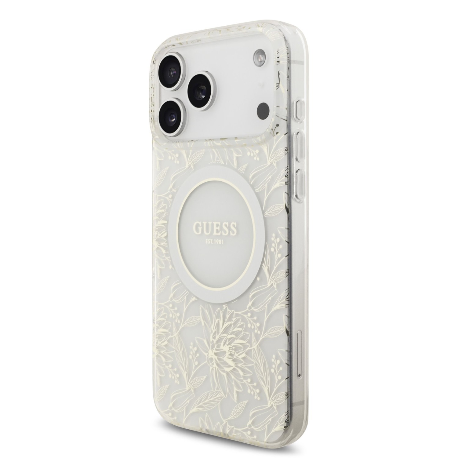 Guess IML Flowers Allover Strap MagSafe Zadní Kryt pro iPhone 17 Pro Max White