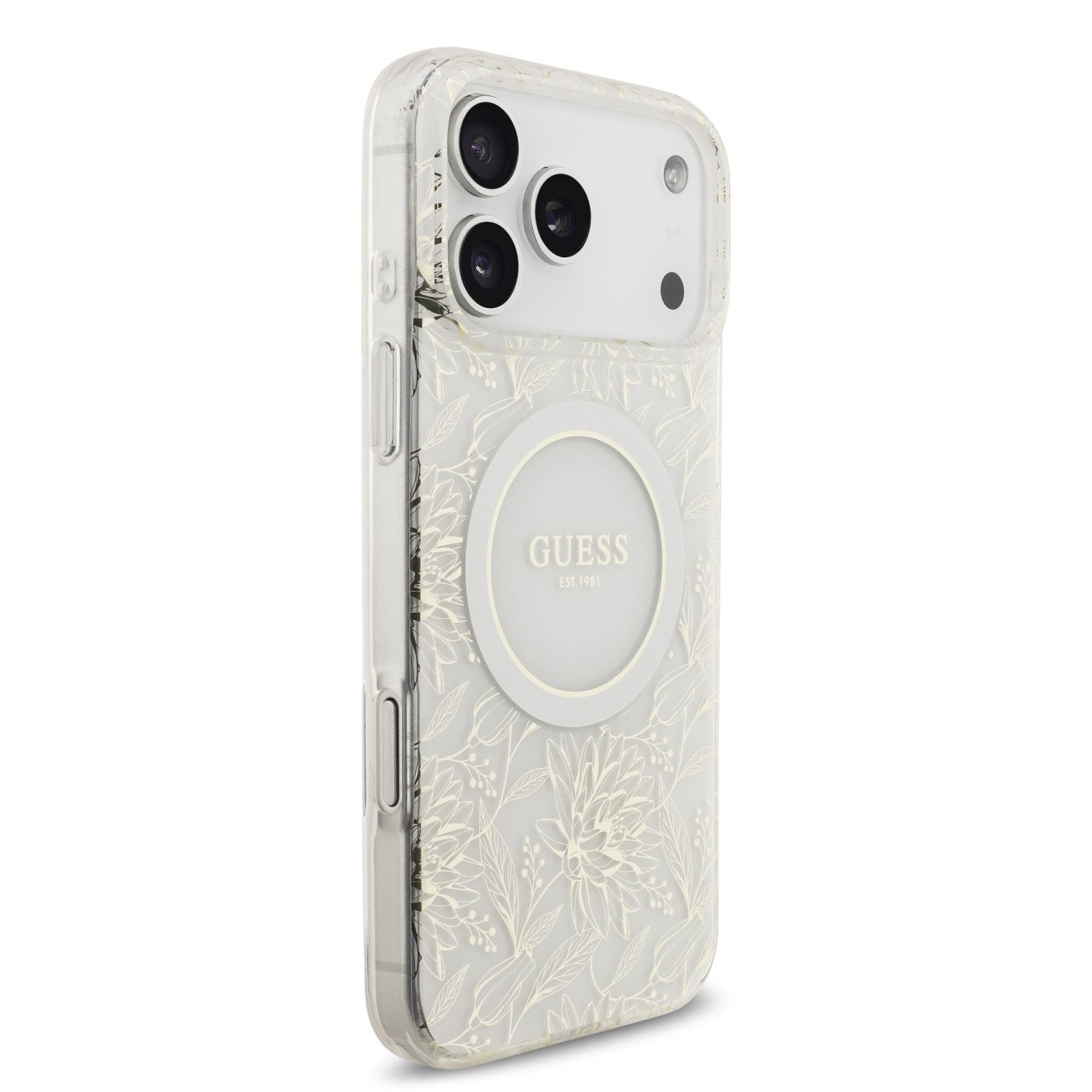 Guess IML Flowers Allover Strap MagSafe Zadní Kryt pro iPhone 17 Pro Max White