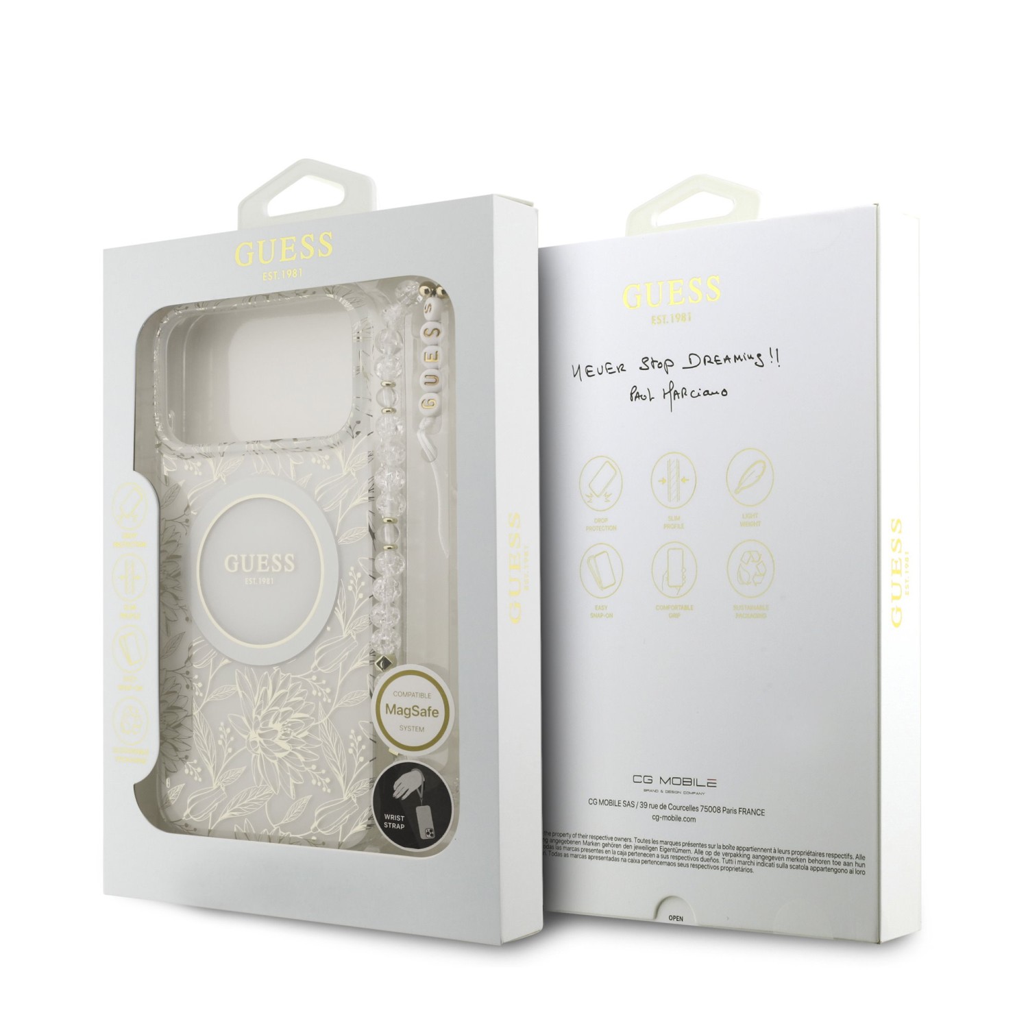 Guess IML Flowers Allover Strap MagSafe Zadní Kryt pro iPhone 17 Pro Max White