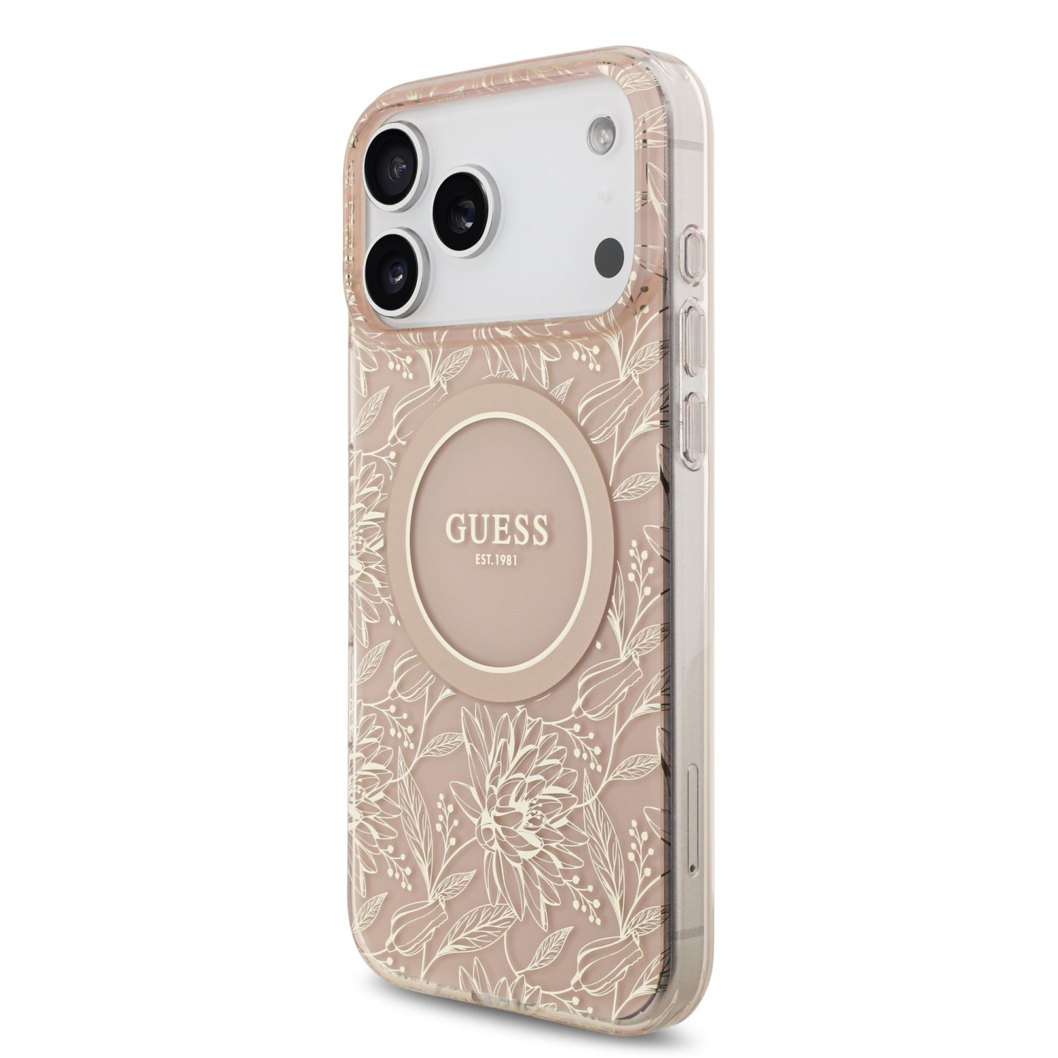 Guess IML Flowers Allover Strap MagSafe Zadní Kryt pro iPhone 17 Pro Max Pink