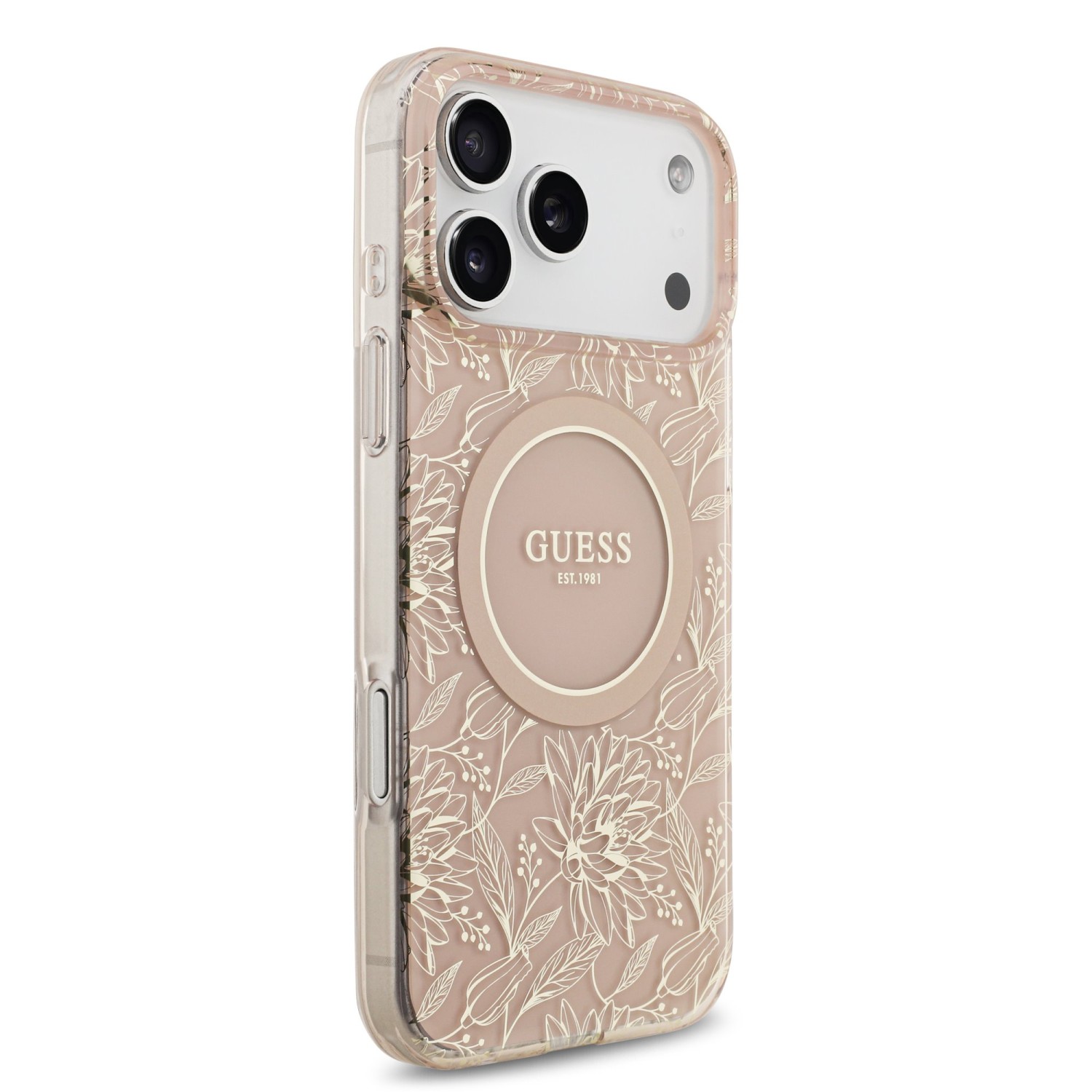 Guess IML Flowers Allover Strap MagSafe Zadní Kryt pro iPhone 17 Pro Max Pink