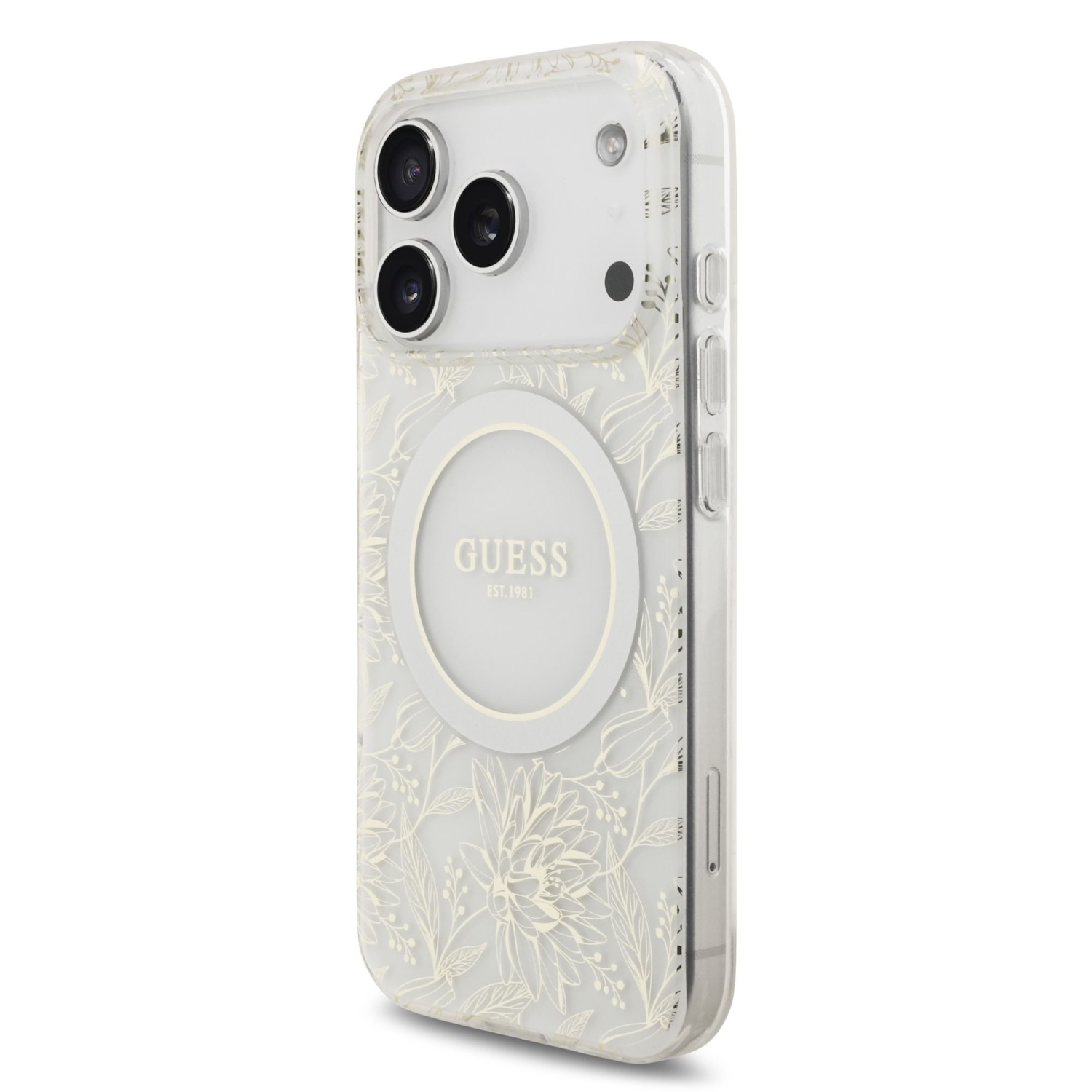 Guess IML Flowers Allover Strap MagSafe Zadní Kryt pro iPhone 17 Pro White