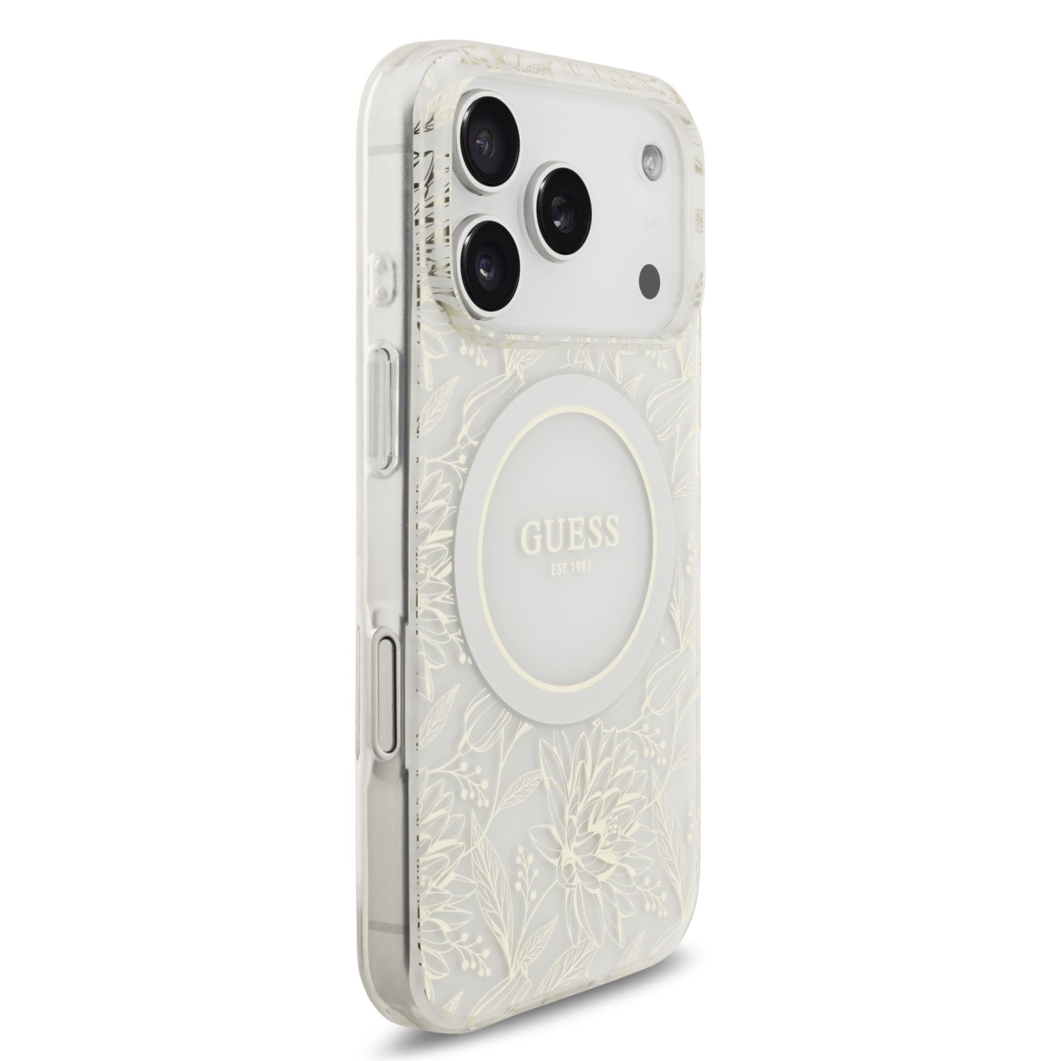 Guess IML Flowers Allover Strap MagSafe Zadní Kryt pro iPhone 17 Pro White