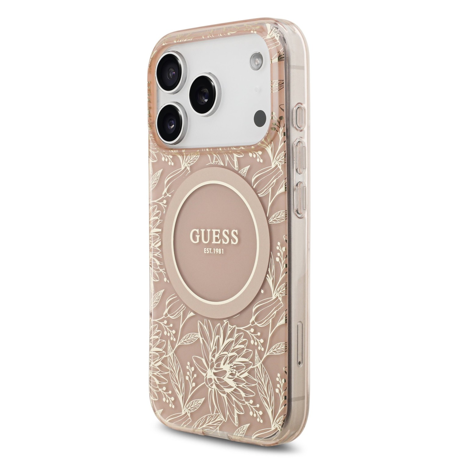 Guess IML Flowers Allover Strap MagSafe Zadní Kryt pro iPhone 17 Pro Pink