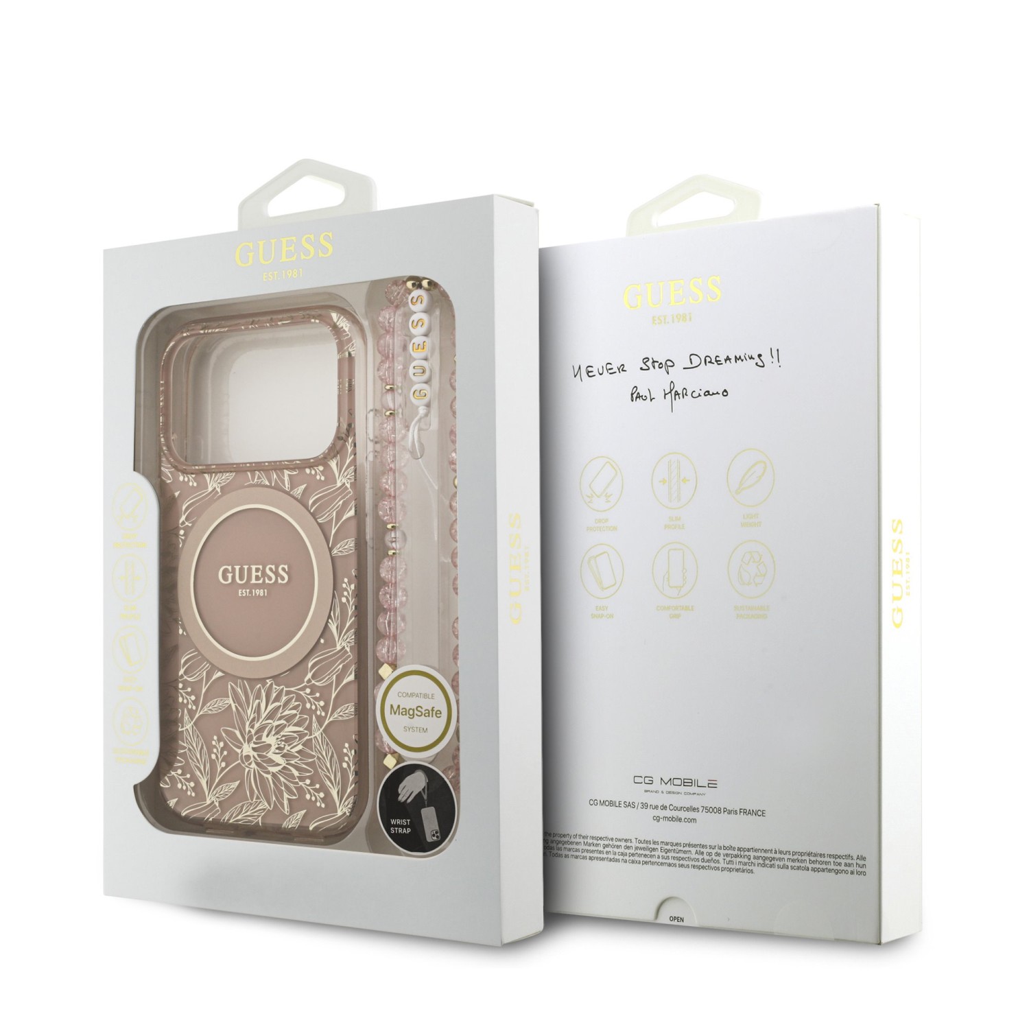 Guess IML Flowers Allover Strap MagSafe Zadní Kryt pro iPhone 17 Pro Pink