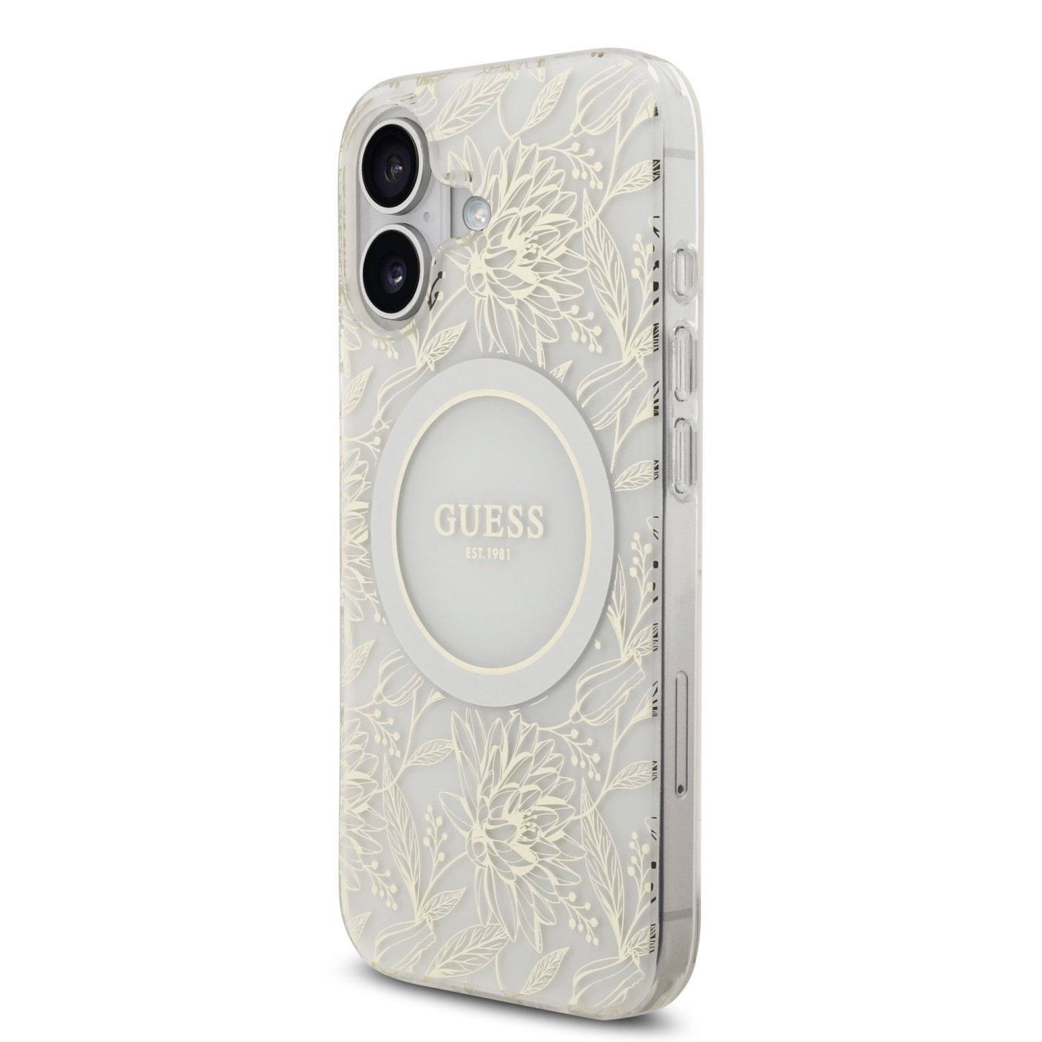 Guess IML Flowers Allover Strap MagSafe Zadní Kryt pro iPhone 17 White