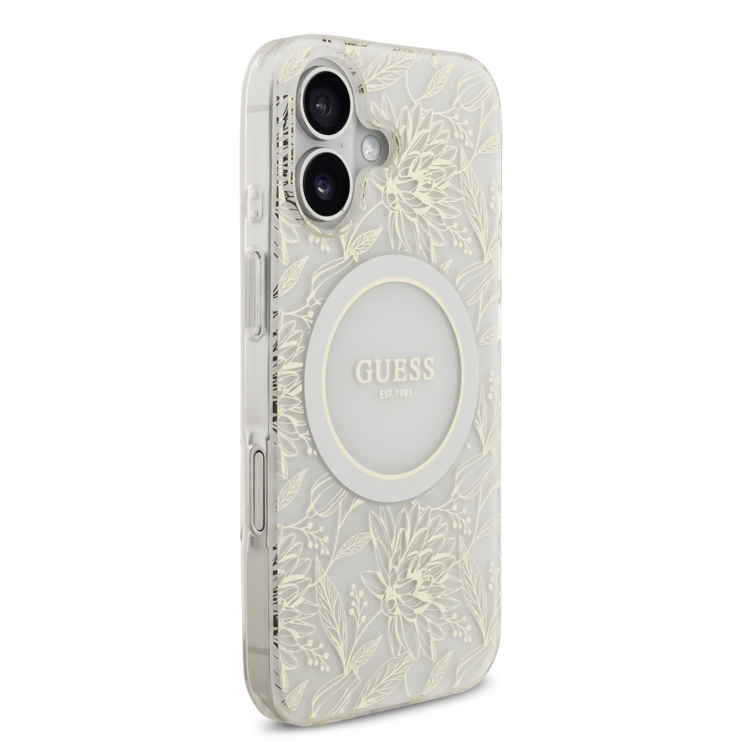 Guess IML Flowers Allover Strap MagSafe Zadní Kryt pro iPhone 17 White