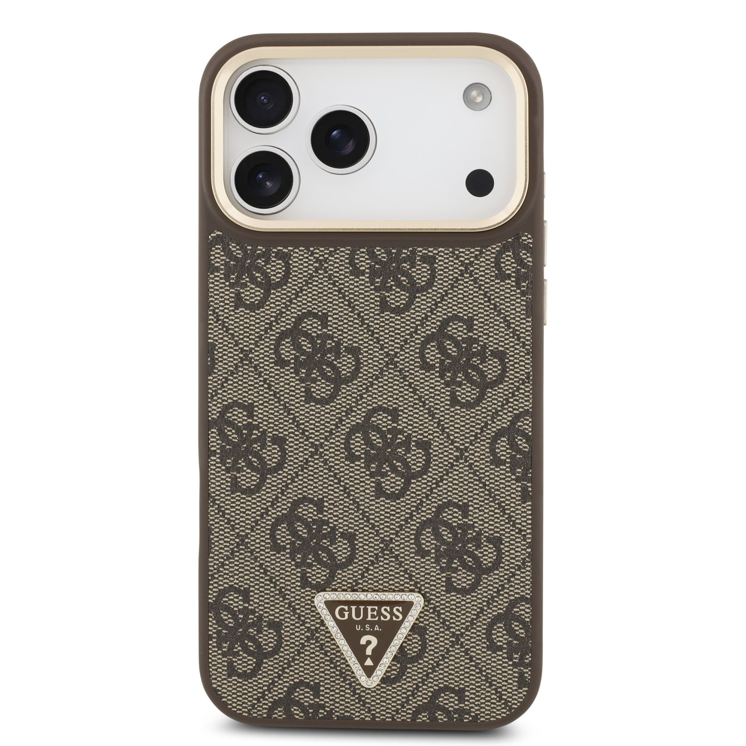 Guess PU Leather 4G Strass Triangle Logo Gold Frame MagSafe Zadní Kryt pro iPhone 17 Pro Max Brown