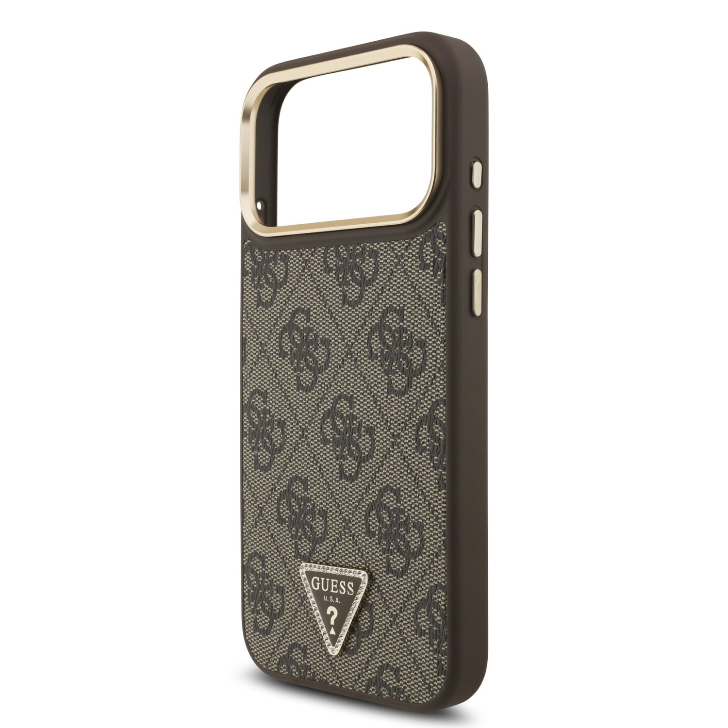 Guess PU Leather 4G Strass Triangle Logo Gold Frame MagSafe Zadní Kryt pro iPhone 17 Pro Max Brown