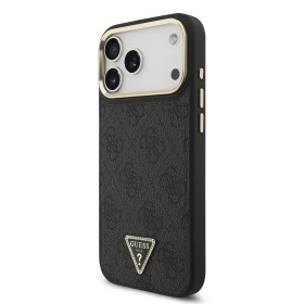 Zadný kryt Guess PU Leather 4G Strass Triangle Logo Gold Frame MagSafe pre Apple iPhone 17 Pro Max, čierna