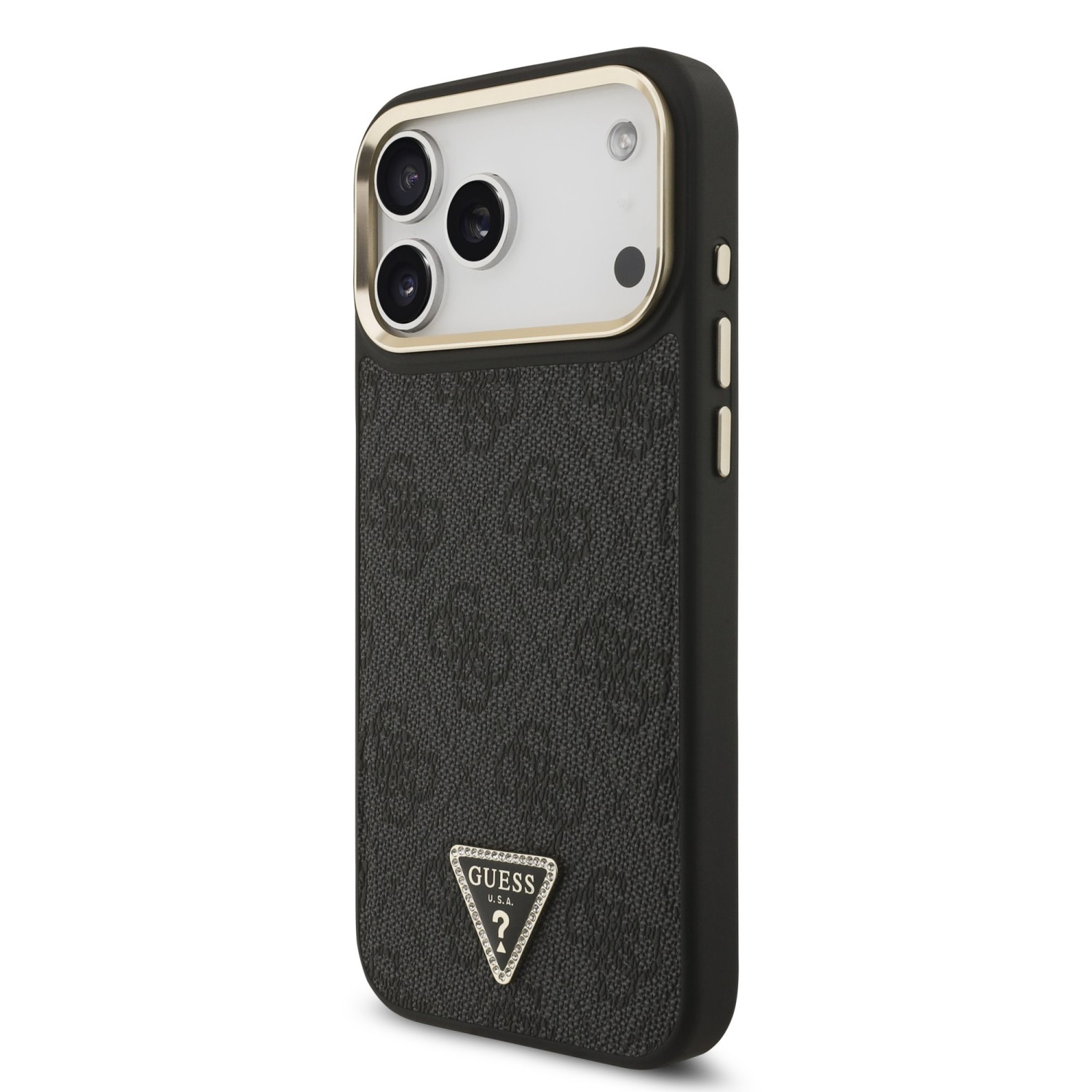 Guess PU Leather 4G Strass Triangle Logo Gold Frame MagSafe Zadní Kryt pro iPhone 17 Pro Max Black