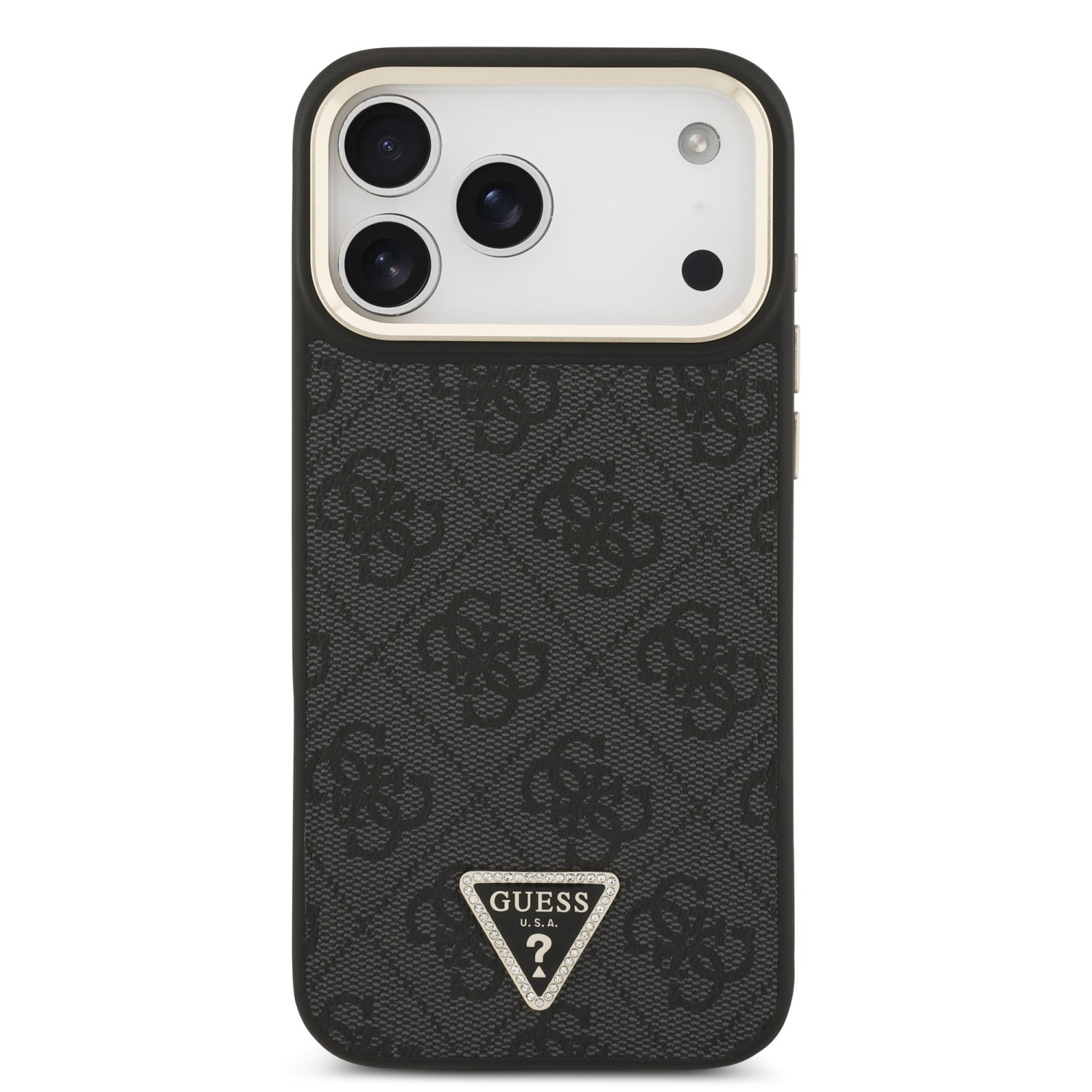 Guess PU Leather 4G Strass Triangle Logo Gold Frame MagSafe Zadní Kryt pro iPhone 17 Pro Max Black