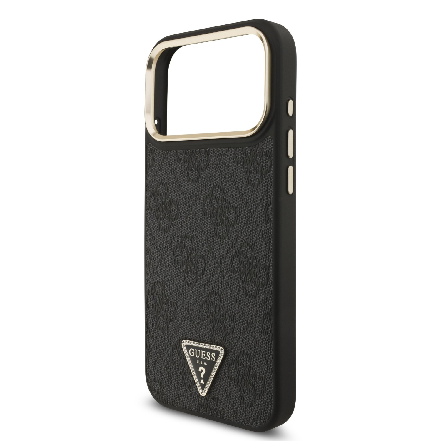 Guess PU Leather 4G Strass Triangle Logo Gold Frame MagSafe Zadní Kryt pro iPhone 17 Pro Max Black
