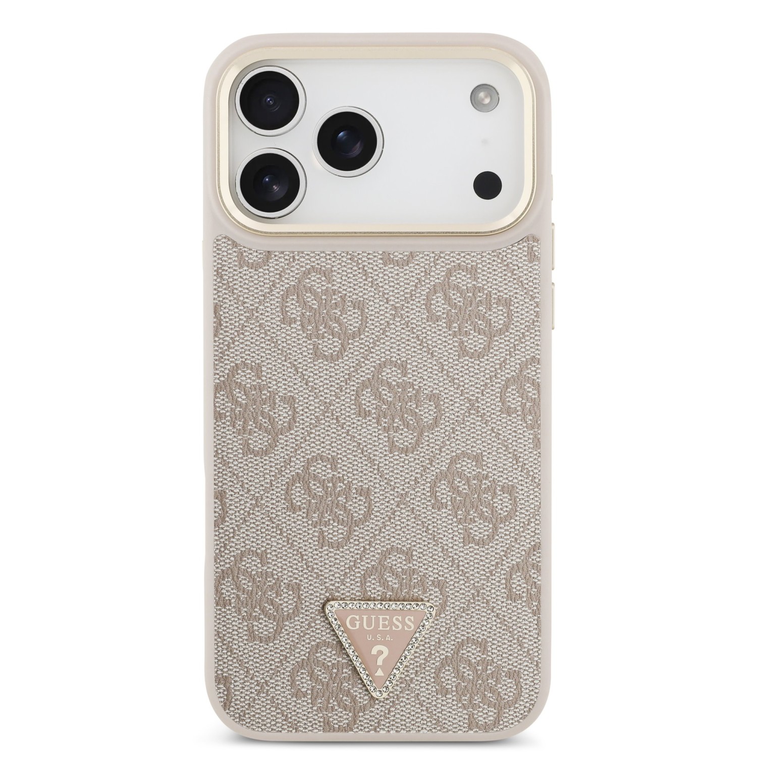 Guess PU Leather 4G Strass Triangle Logo Gold Frame MagSafe Zadní Kryt pro iPhone 17 Pro Max Pink