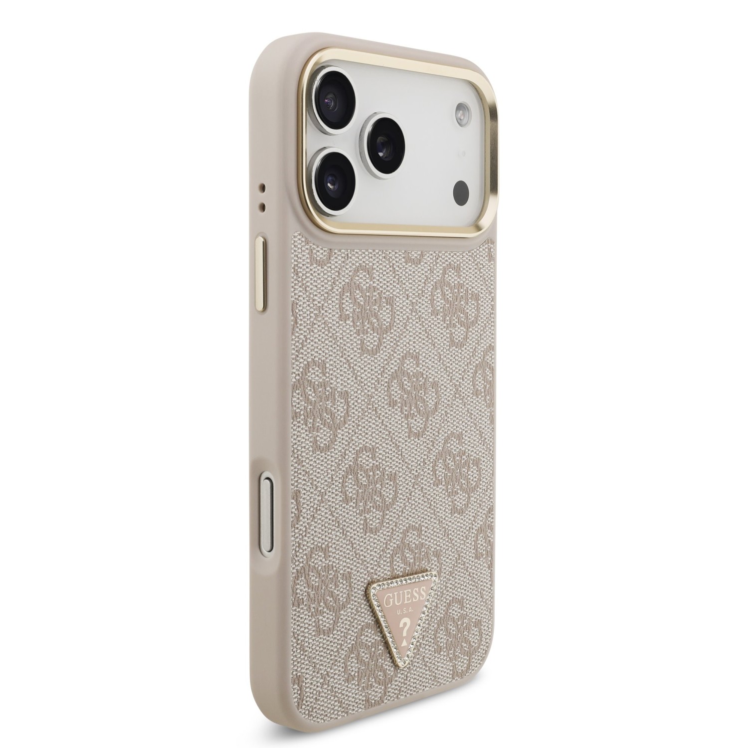 Guess PU Leather 4G Strass Triangle Logo Gold Frame MagSafe Zadní Kryt pro iPhone 17 Pro Max Pink