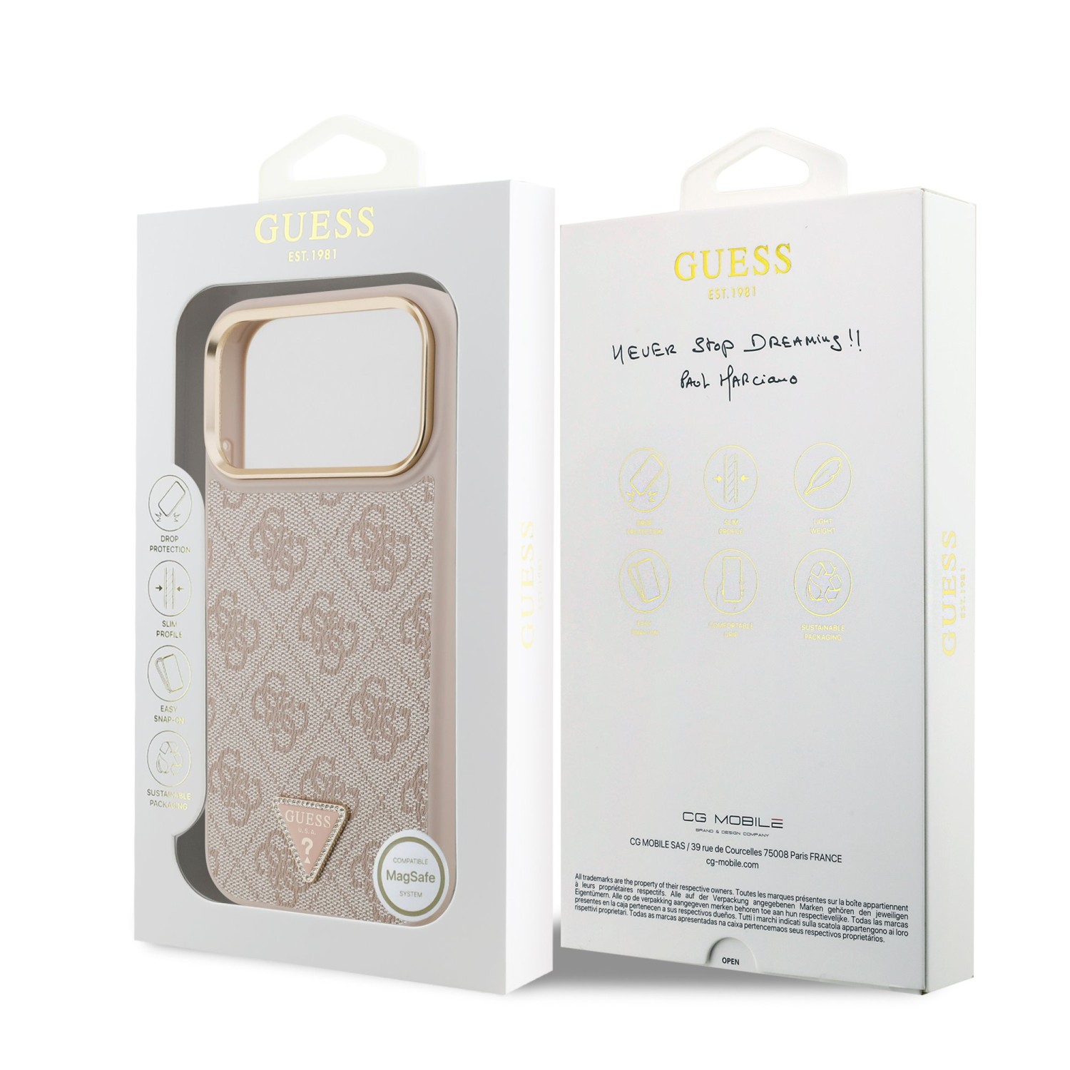 Guess PU Leather 4G Strass Triangle Logo Gold Frame MagSafe Zadní Kryt pro iPhone 17 Pro Max Pink