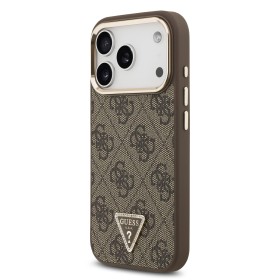 Zadný kryt Guess PU Leather 4G Strass Triangle Logo Gold Frame MagSafe pre Apple iPhone 17 Pro, hnedá