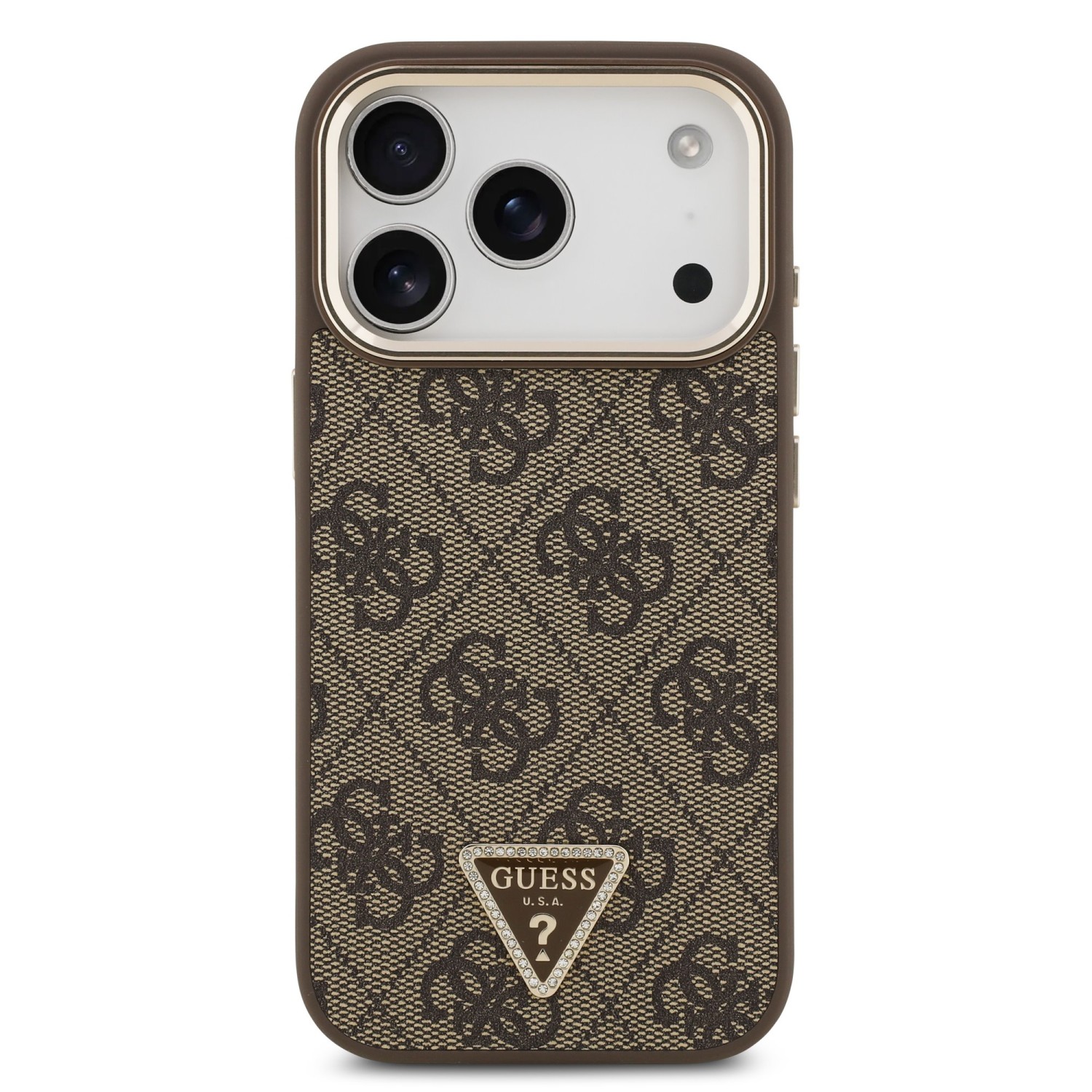Guess PU Leather 4G Strass Triangle Logo Gold Frame MagSafe Zadní Kryt pro iPhone 17 Pro Brown