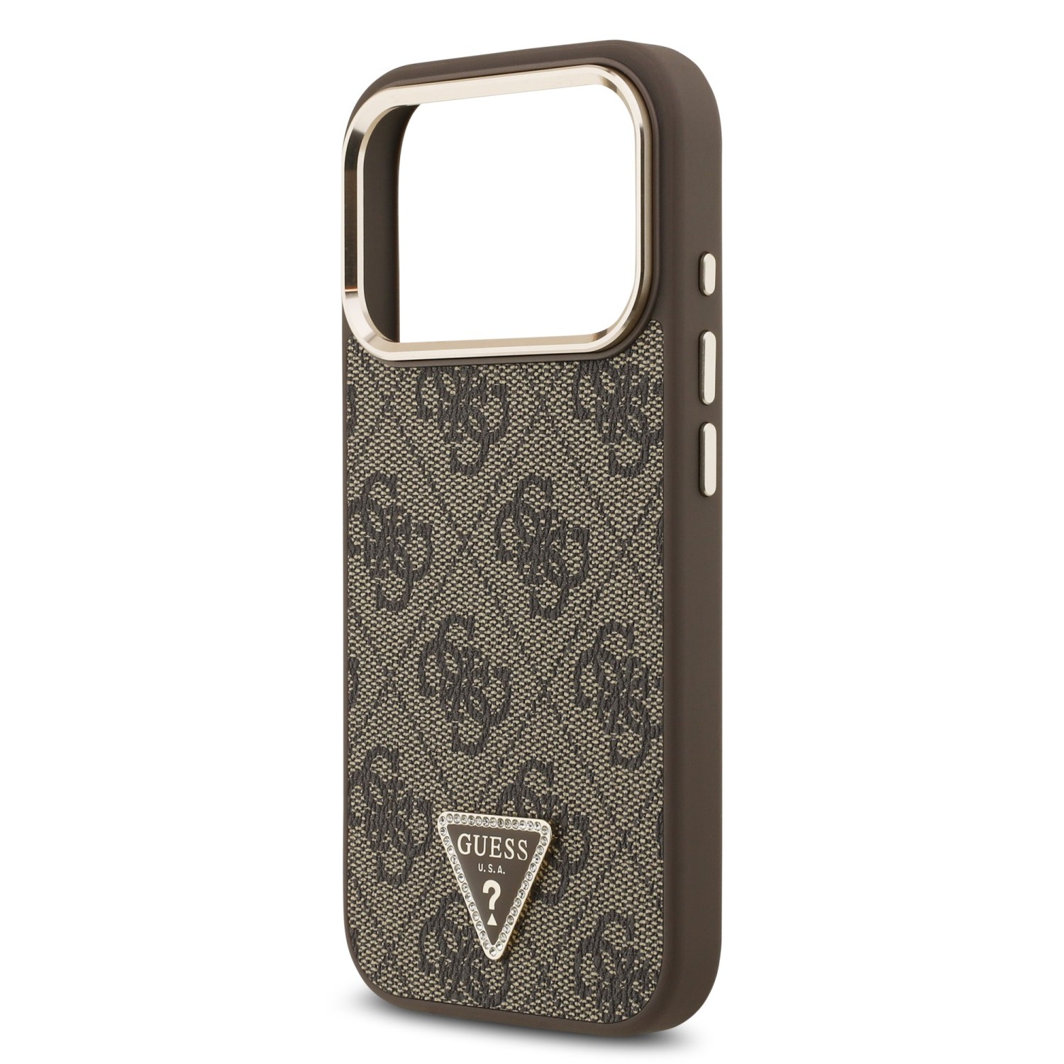 Guess PU Leather 4G Strass Triangle Logo Gold Frame MagSafe Zadní Kryt pro iPhone 17 Pro Brown