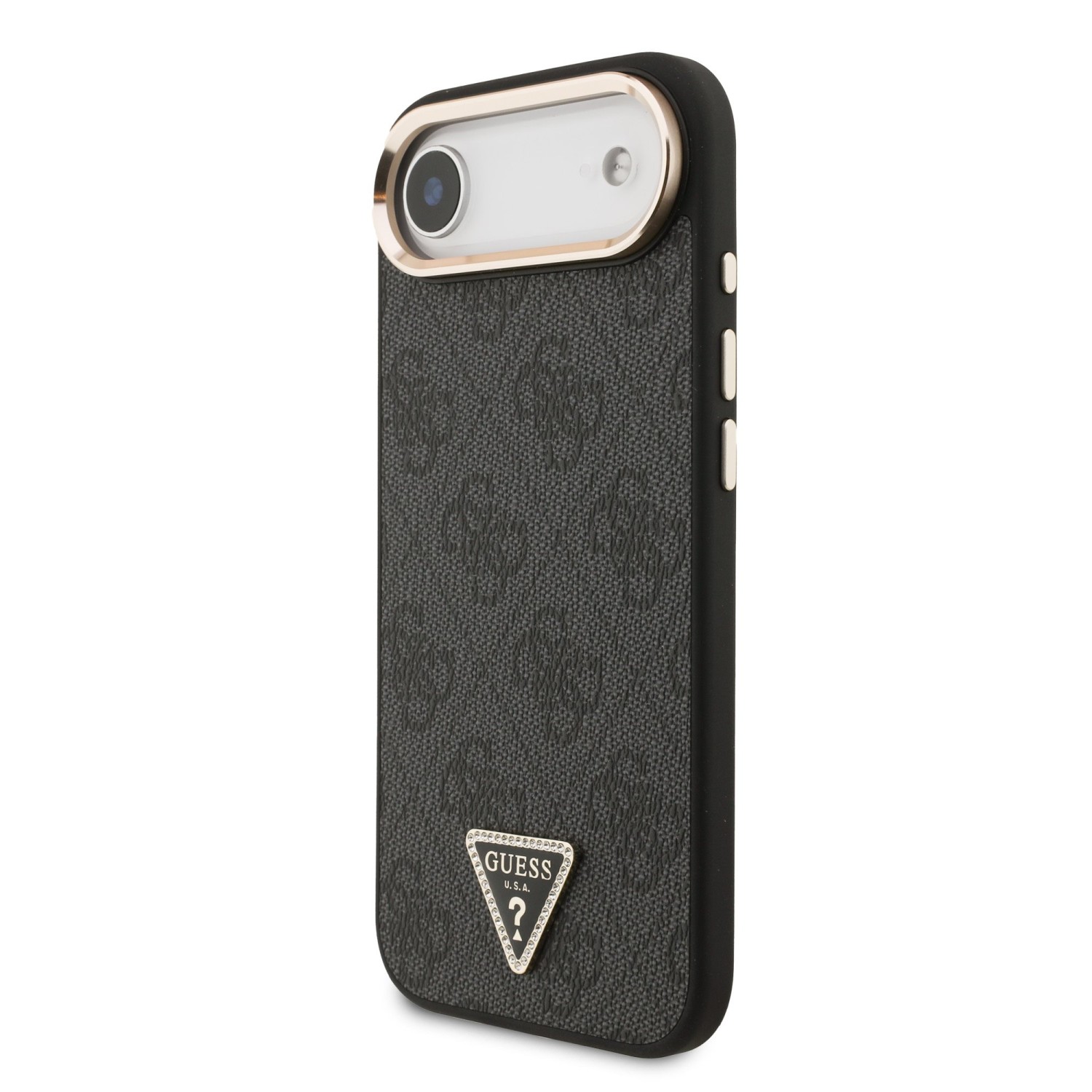 Guess PU Leather 4G Strass Triangle Logo Gold Frame MagSafe Zadní Kryt pro iPhone Air Black