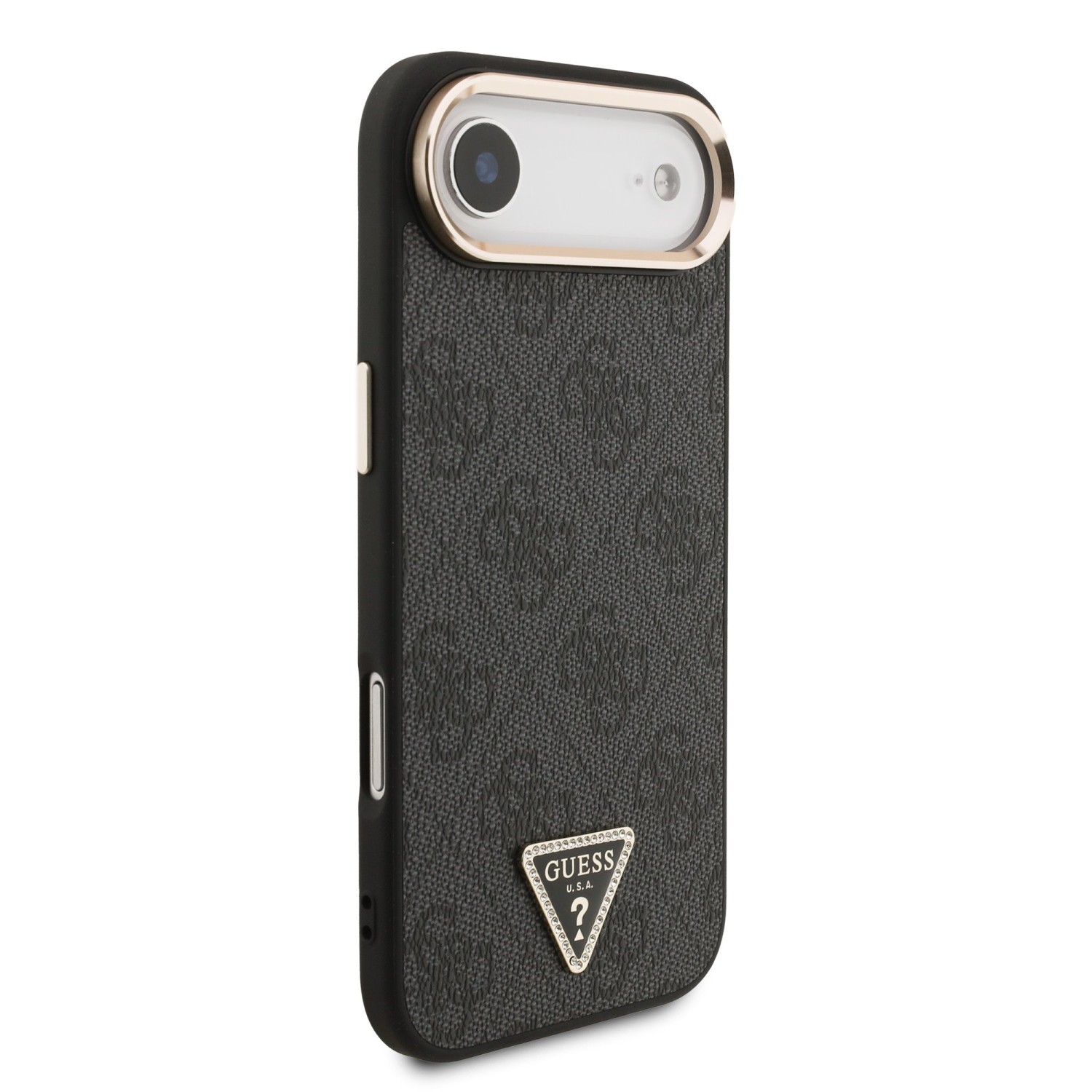 Guess PU Leather 4G Strass Triangle Logo Gold Frame MagSafe Zadní Kryt pro iPhone Air Black