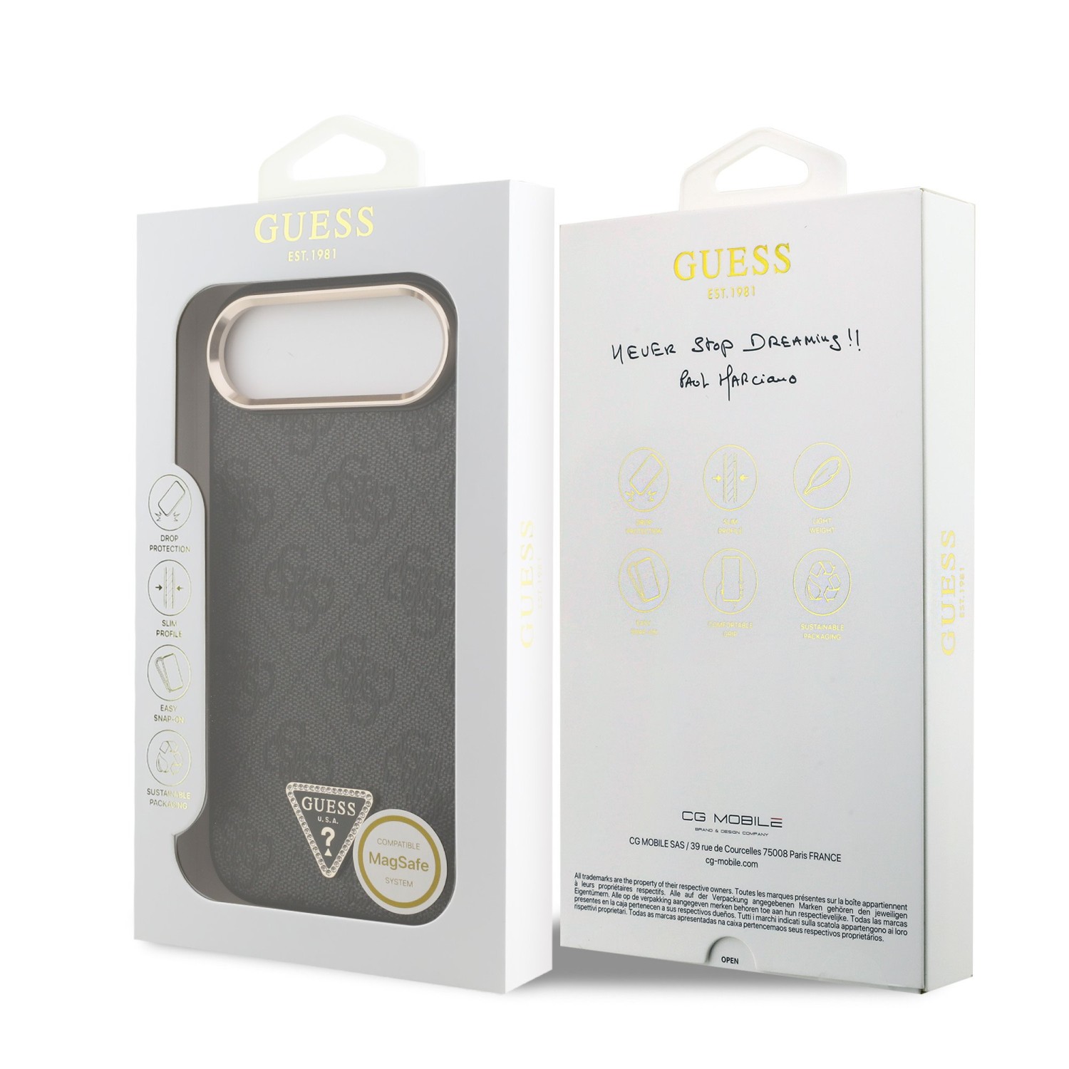 Guess PU Leather 4G Strass Triangle Logo Gold Frame MagSafe Zadní Kryt pro iPhone Air Black