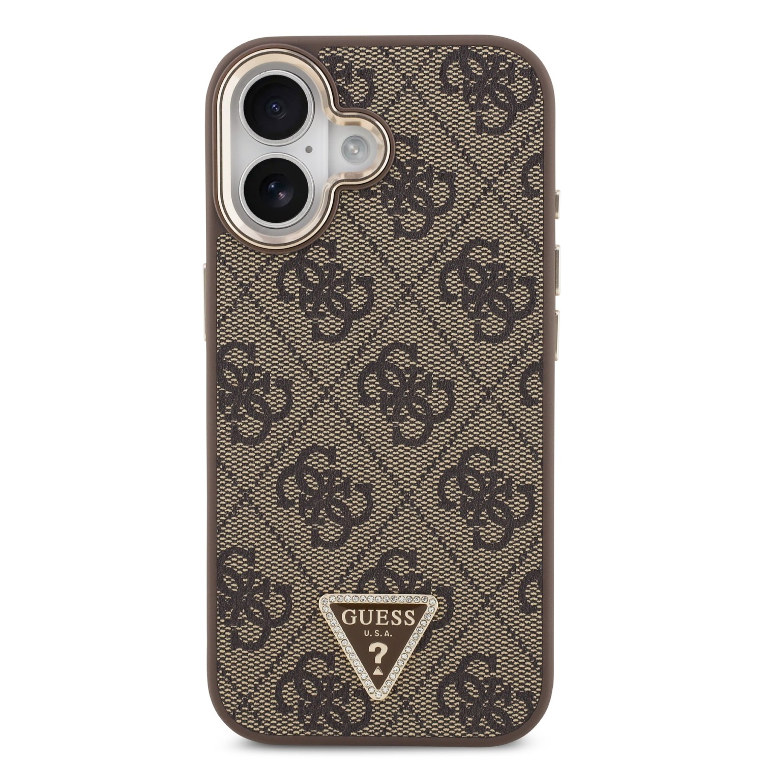 Guess PU Leather 4G Strass Triangle Logo Gold Frame MagSafe Zadní Kryt pro iPhone 17 Brown