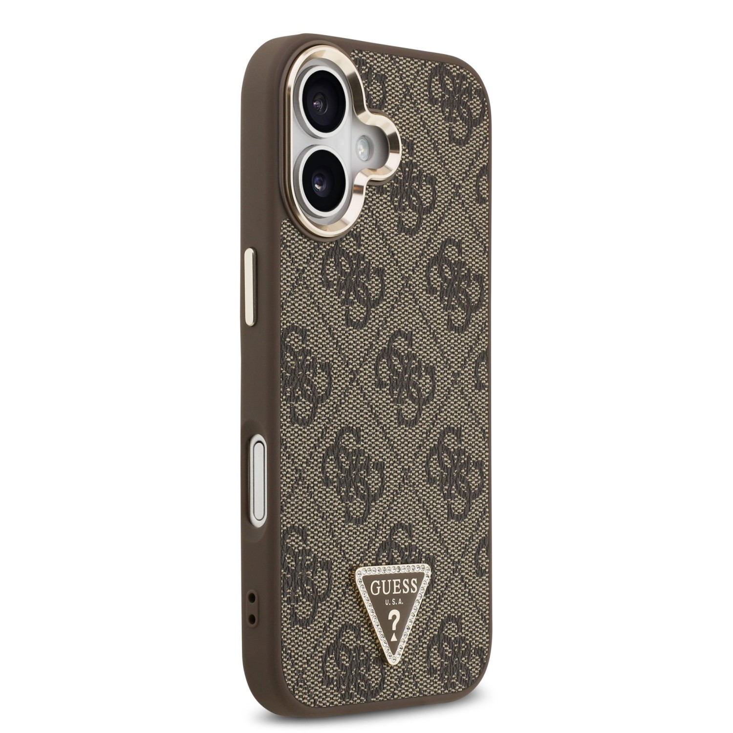 Guess PU Leather 4G Strass Triangle Logo Gold Frame MagSafe Zadní Kryt pro iPhone 17 Brown