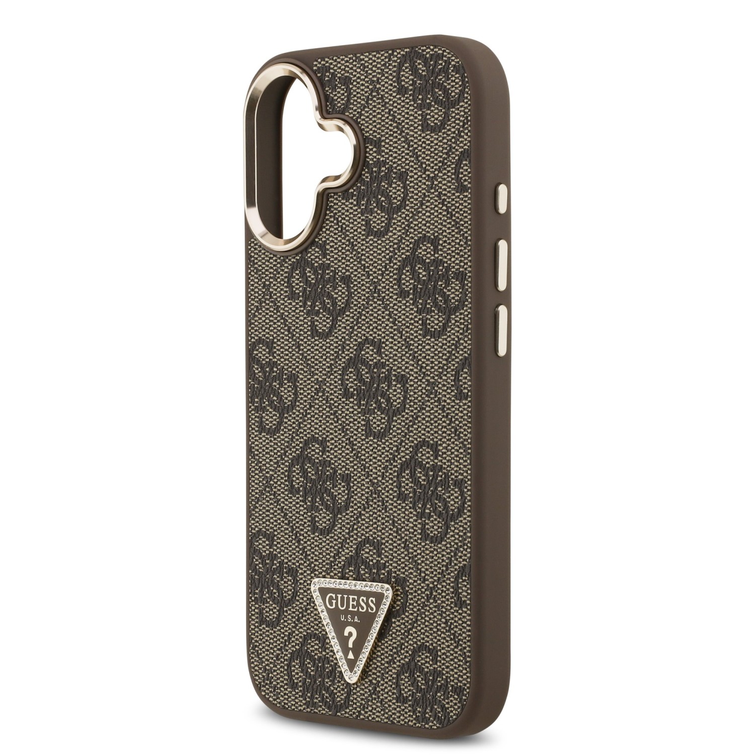 Guess PU Leather 4G Strass Triangle Logo Gold Frame MagSafe Zadní Kryt pro iPhone 17 Brown