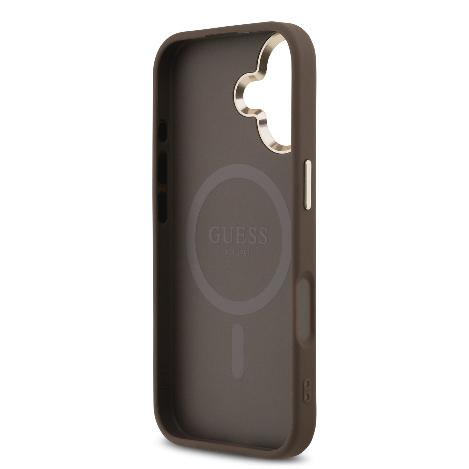 Guess PU Leather 4G Strass Triangle Logo Gold Frame MagSafe Zadní Kryt pro iPhone 17 Brown