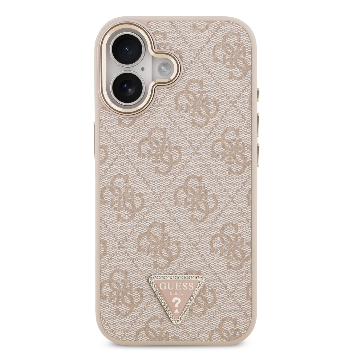 Guess PU Leather 4G Strass Triangle Logo Gold Frame MagSafe Zadní Kryt pro iPhone 17 Pink