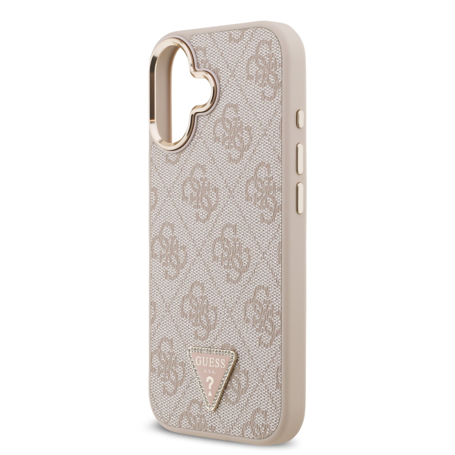 Guess PU Leather 4G Strass Triangle Logo Gold Frame MagSafe Zadní Kryt pro iPhone 17 Pink