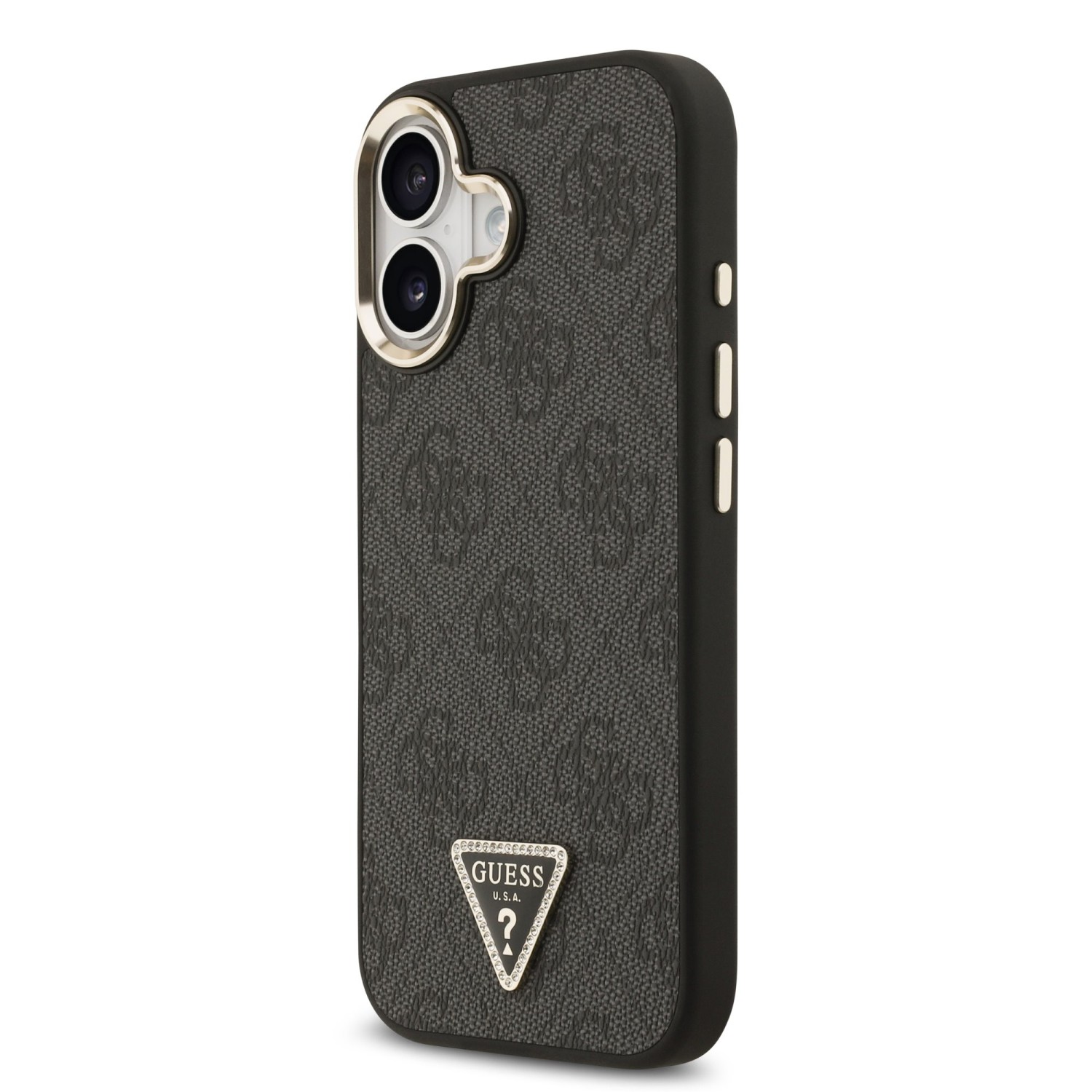 Guess PU Leather 4G Strass Triangle Logo Gold Frame MagSafe Zadní Kryt pro iPhone 17 Black