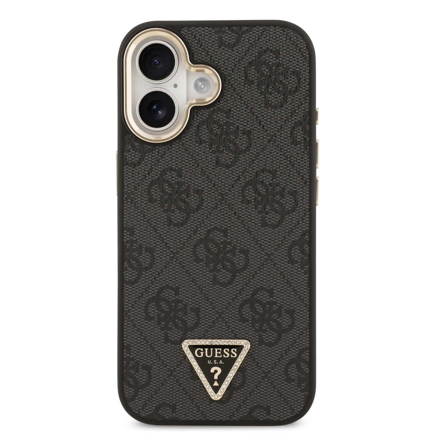 Guess PU Leather 4G Strass Triangle Logo Gold Frame MagSafe Zadní Kryt pro iPhone 17 Black