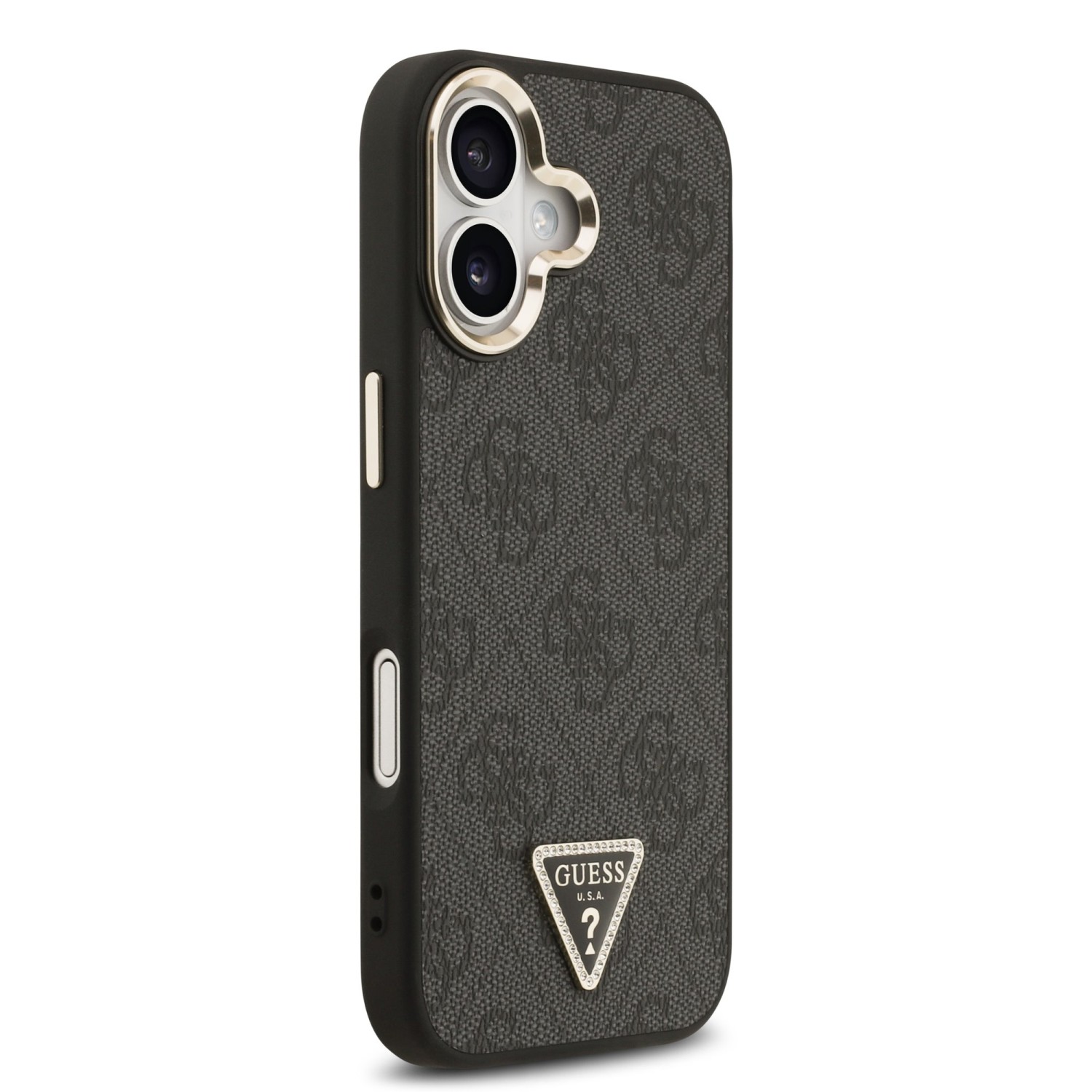 Guess PU Leather 4G Strass Triangle Logo Gold Frame MagSafe Zadní Kryt pro iPhone 17 Black