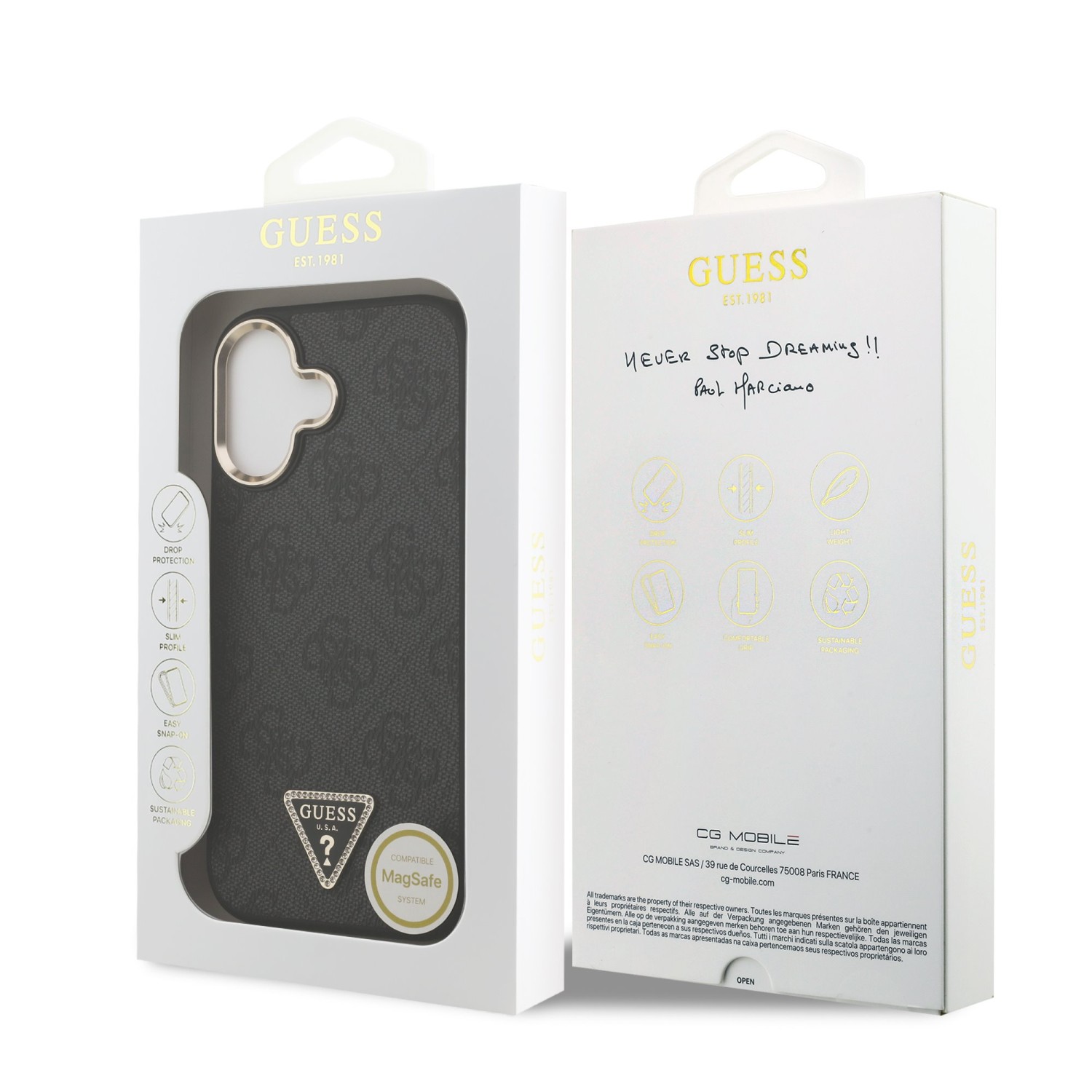 Guess PU Leather 4G Strass Triangle Logo Gold Frame MagSafe Zadní Kryt pro iPhone 17 Black