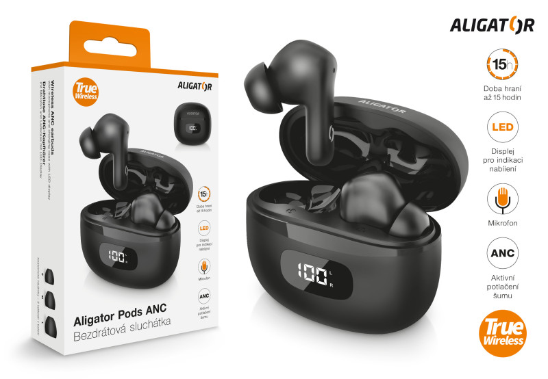 TWS sluchátka Aligator Pods ANC, černá
