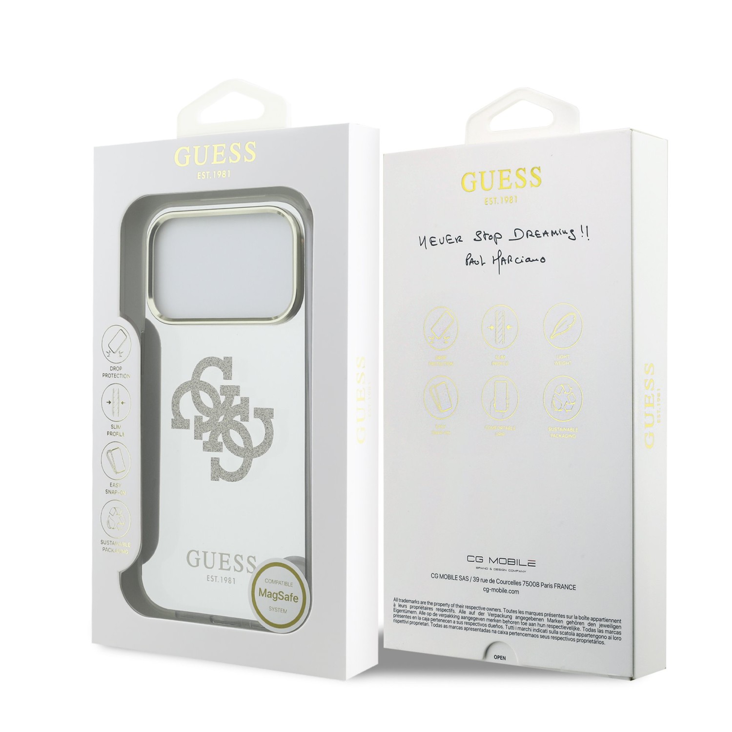 Guess PC/TPU Mirror 4G Glitter Logo MagSafe Zadní Kryt pro iPhone 17 Pro Gold