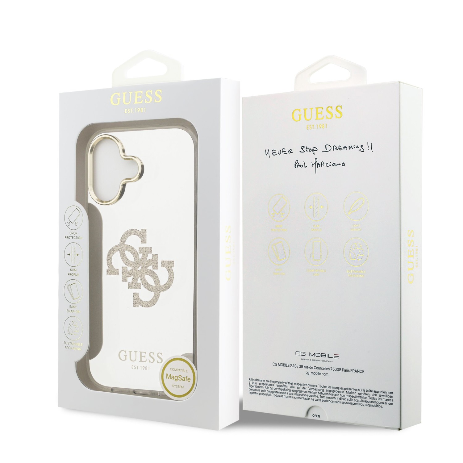 Guess PC/TPU Mirror 4G Glitter Logo MagSafe Zadní Kryt pro iPhone 17 Gold