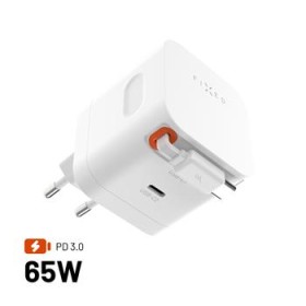 Sieťová GaN nabíjačka FIXED s 2xUSB-C, podpora PD 3.0, so samonavíjacím káblom, 65W, biela