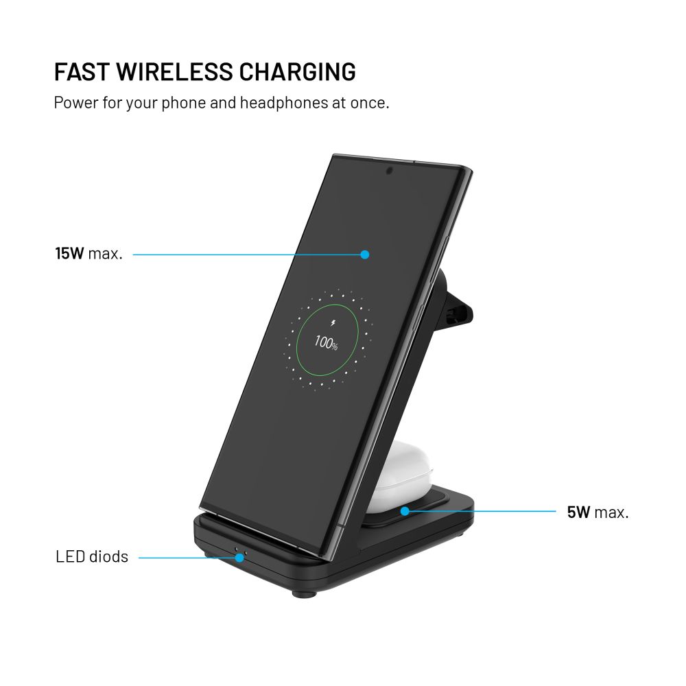 Stojánek FIXED Powerstation Uni s bezdrátovým nabíjením až pro 2 zařízení, 15W+5W, černá