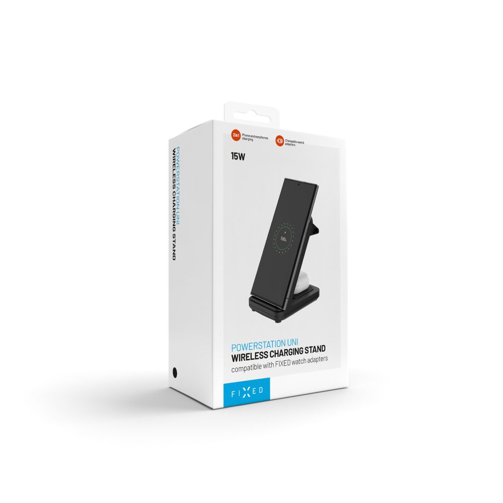 Stojánek FIXED Powerstation Uni s bezdrátovým nabíjením až pro 2 zařízení, 15W+5W, černá
