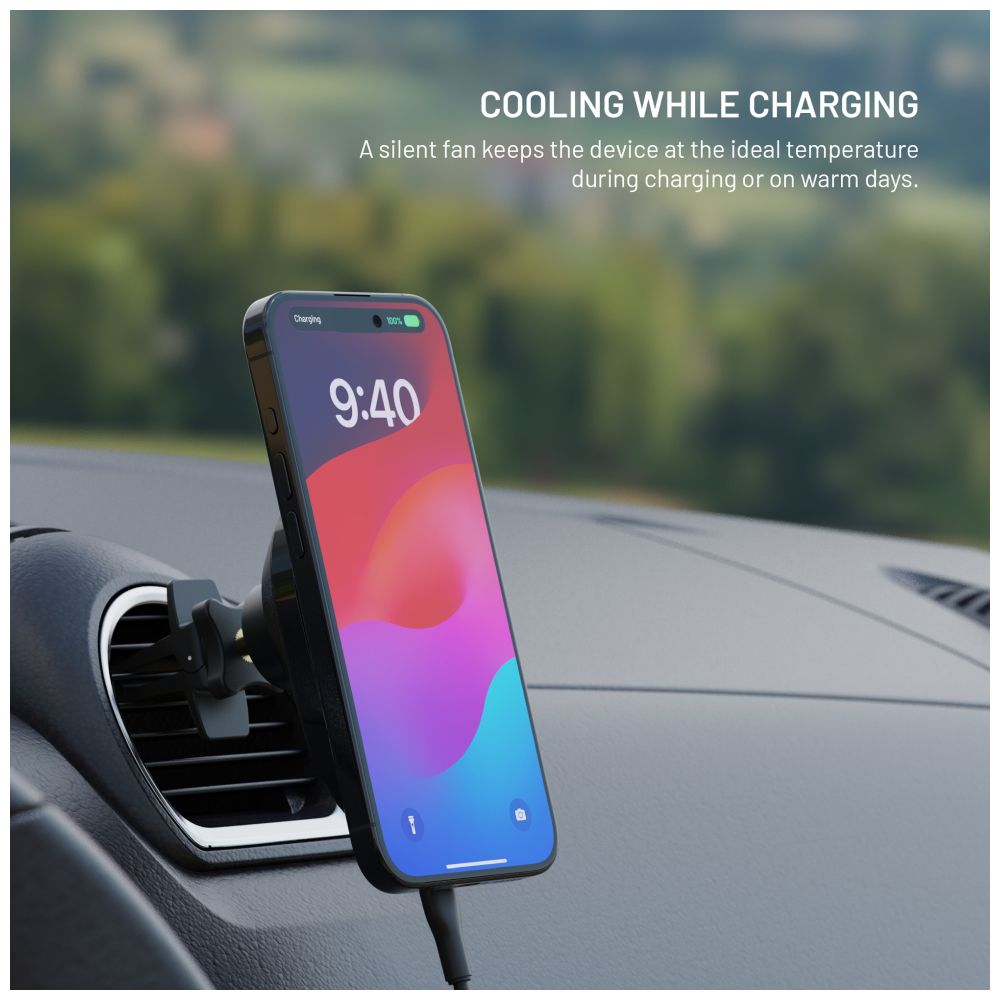 Držák do auta s bezdrátovým nabíjením FIXED MagAir s podporou uchycení MagSafe a standardem Qi2, 15W, černá