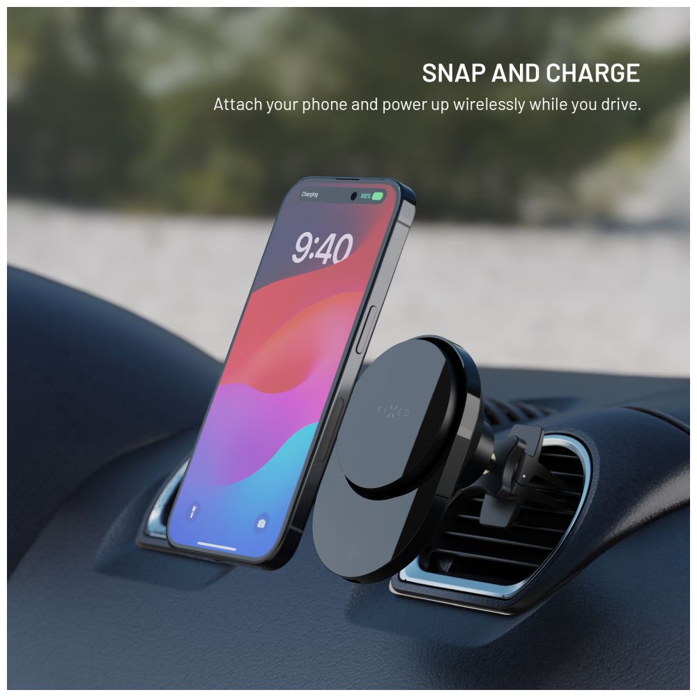 Držák do auta s bezdrátovým nabíjením FIXED MagAir s podporou uchycení MagSafe a standardem Qi2, 15W, černá
