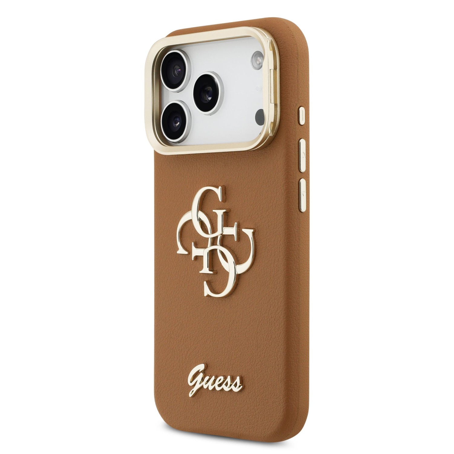 Guess PU Grained 4G Logo Stand Camera Frame Zadní Kryt pro iPhone 17 Pro Brown