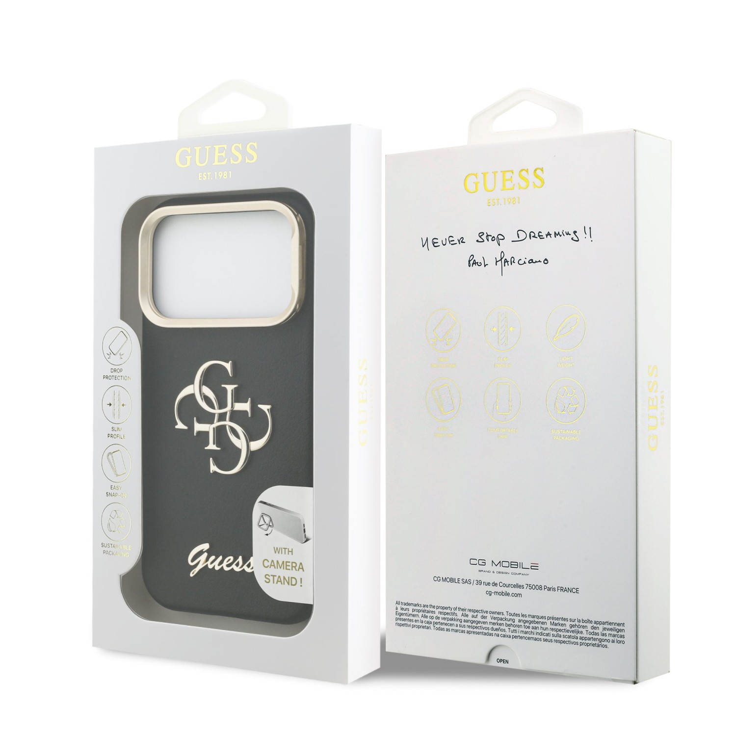 Guess PU Grained 4G Logo Stand Camera Frame Zadní Kryt pro iPhone 17 Pro Black
