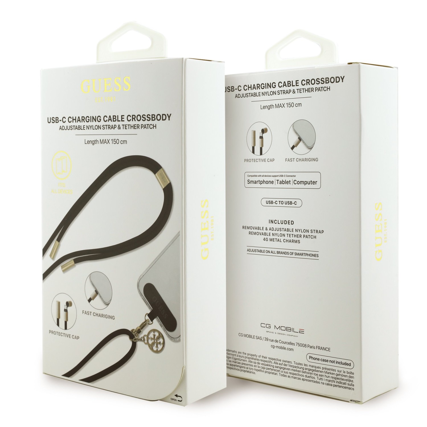 Guess Crossbody Popruh 4G Charm s Nabíjecím Kabelem USB-C/USB-C Black