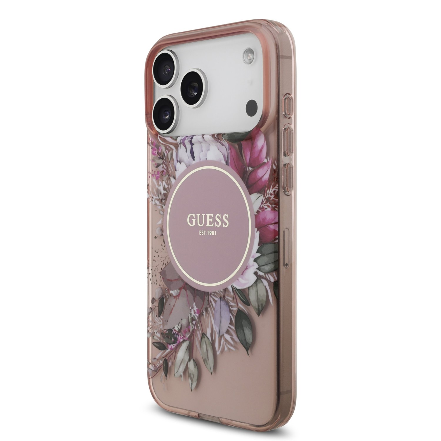 Guess IML Flowers Strap MagSafe Zadní Kryt pro iPhone 17 Pro Max Pink