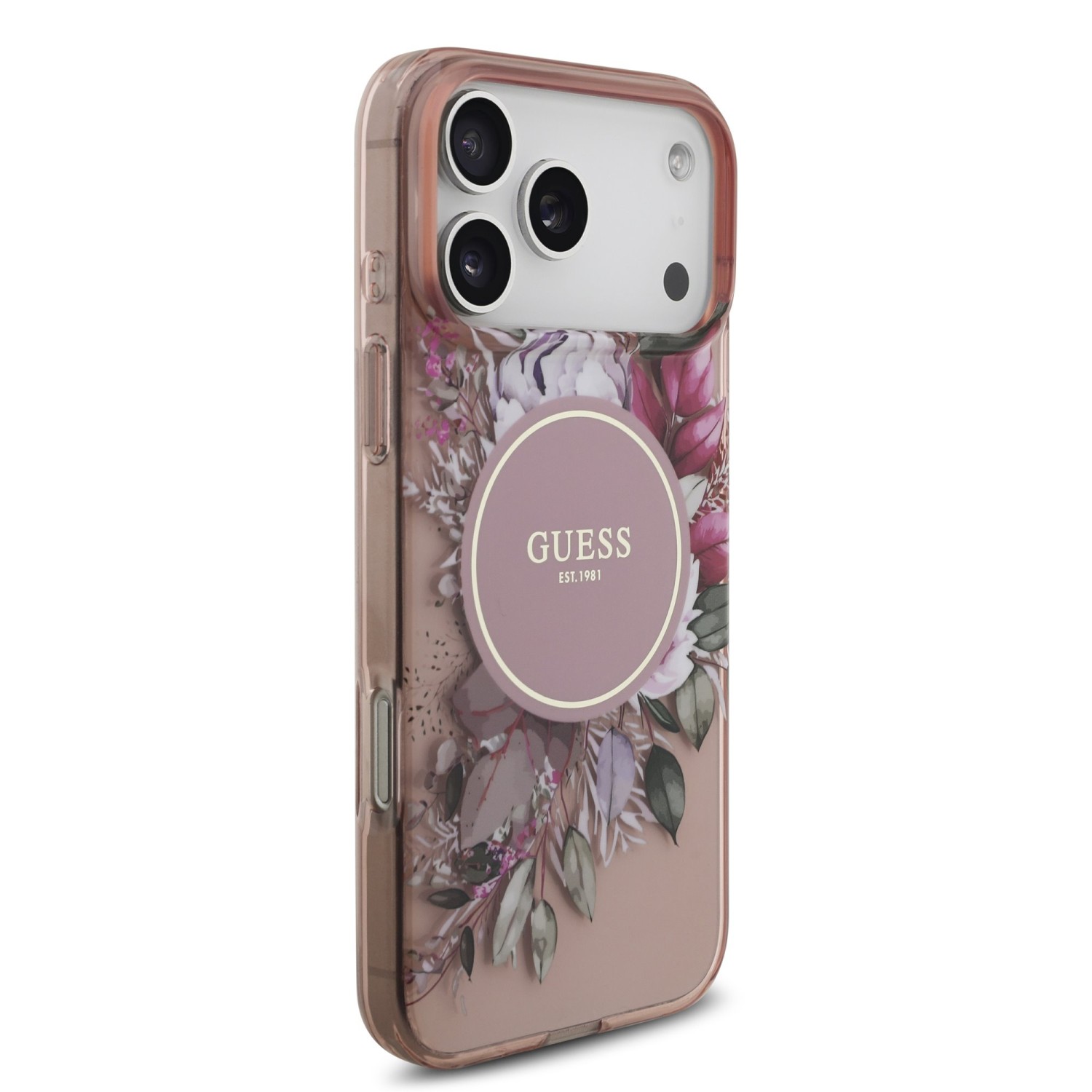 Guess IML Flowers Strap MagSafe Zadní Kryt pro iPhone 17 Pro Max Pink