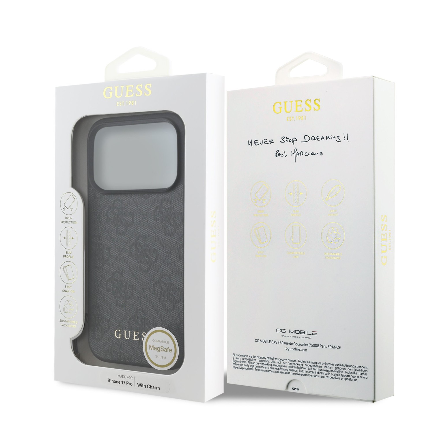 Guess 4G Charm Zadní Kryt pro iPhone 17 Pro Tone on Tone Grey